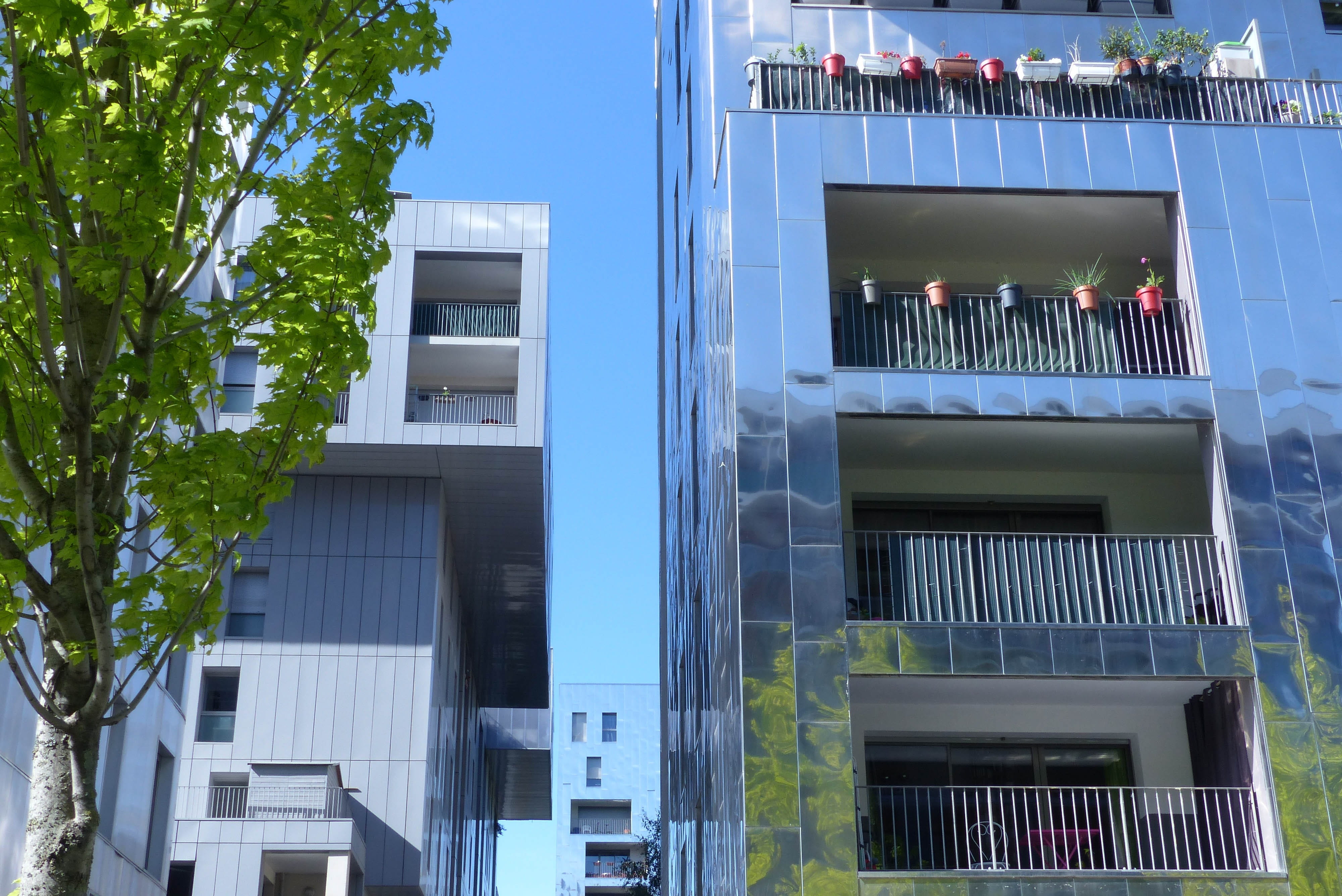 4K, Facade, buildings, reflection, plant, residential district, blue, france, contemporary, tree, Architecture, nature, flower pot, built structure, modern, HD Wallpaper