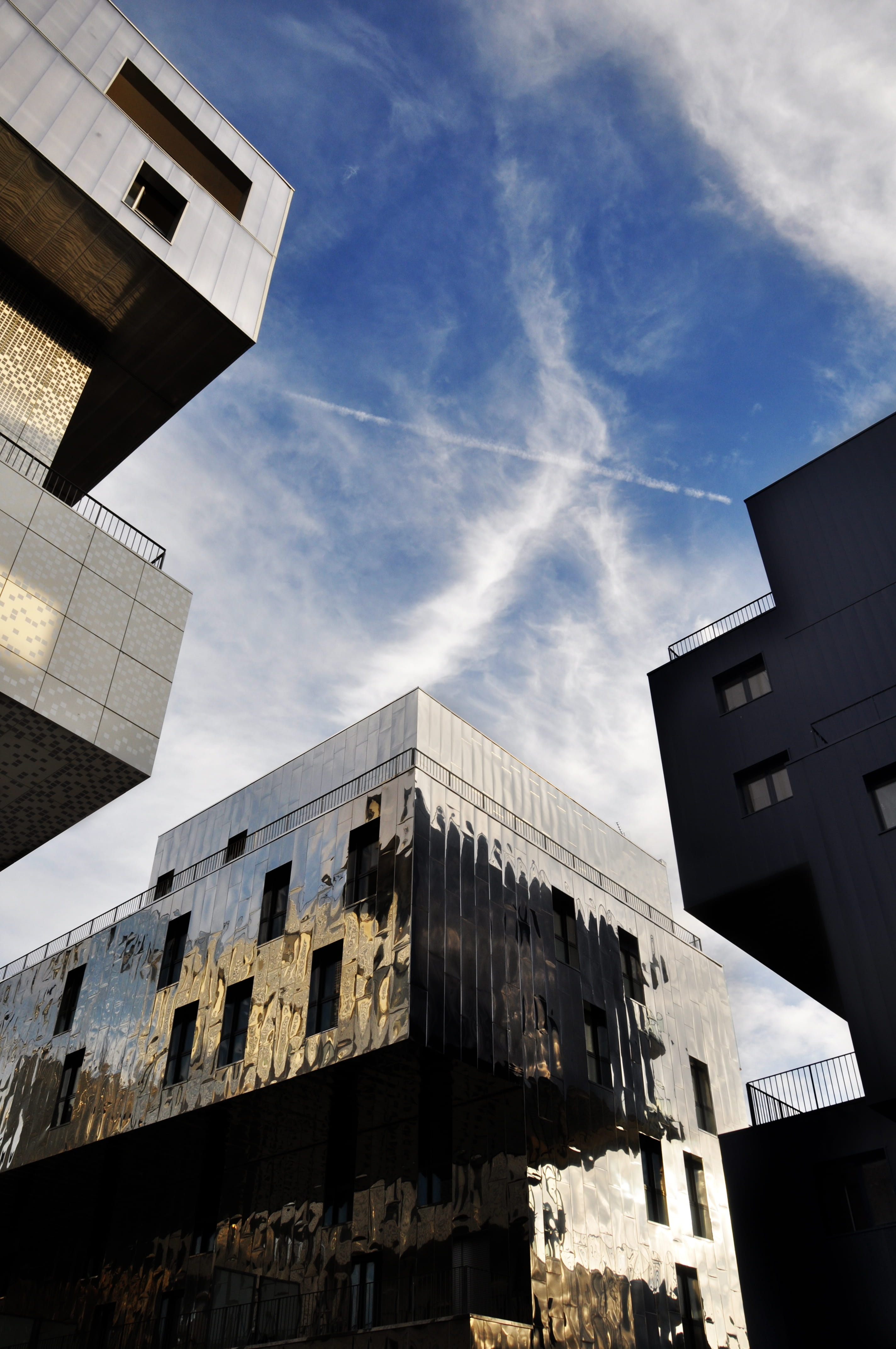 sunlight, lyon, confluences, city life, low angle view, outdoors, buildings, cloud - sky, built structure, blue, contemporary architecture, nature, sky, Phone HD Wallpaper
