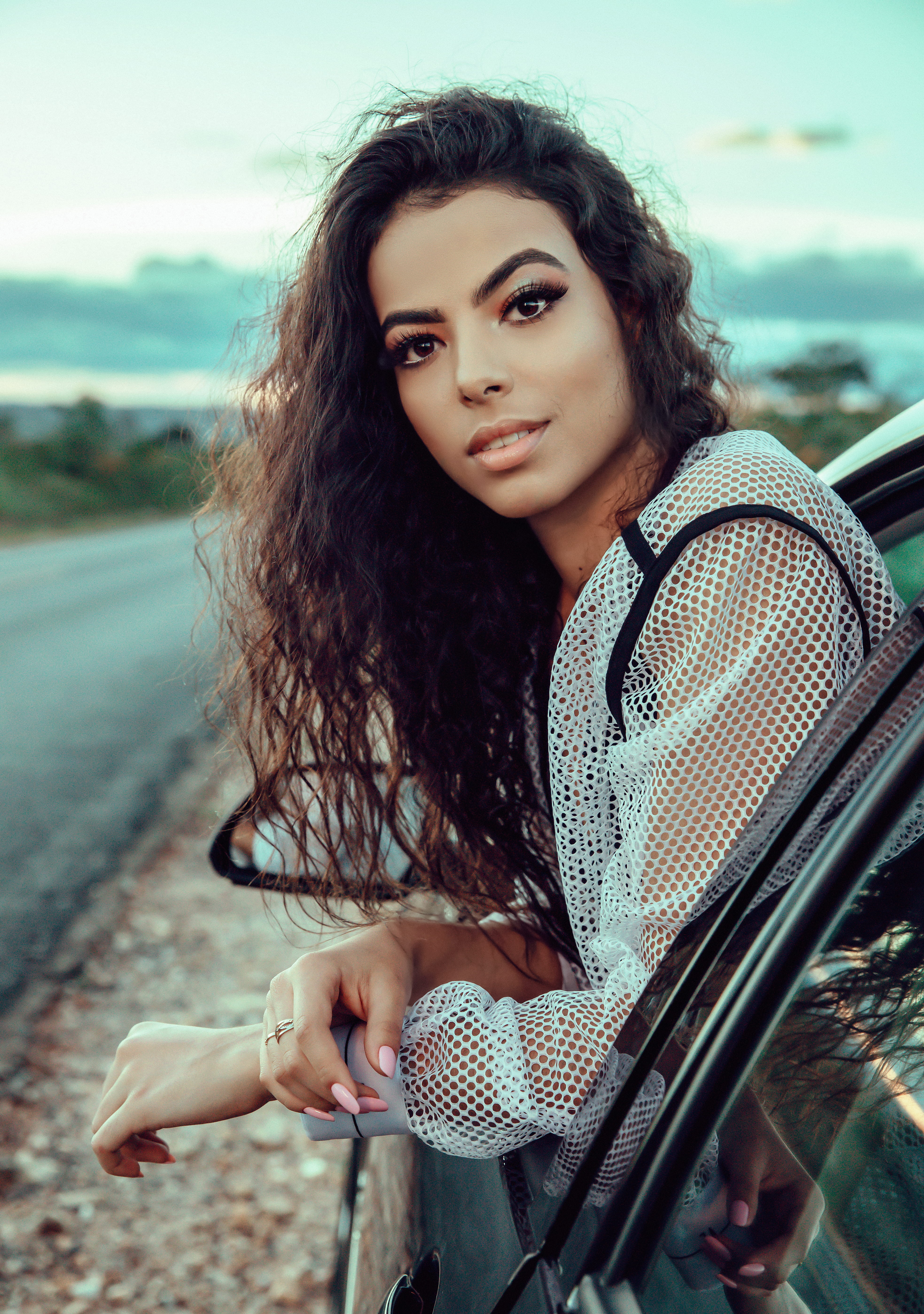 long hair, near, beautiful eyes, lace, sitting, pose, young adult, inside, real people, photoshoot, facial expression, eye makeup, woman, long, sleeved, Phone HD Wallpaper