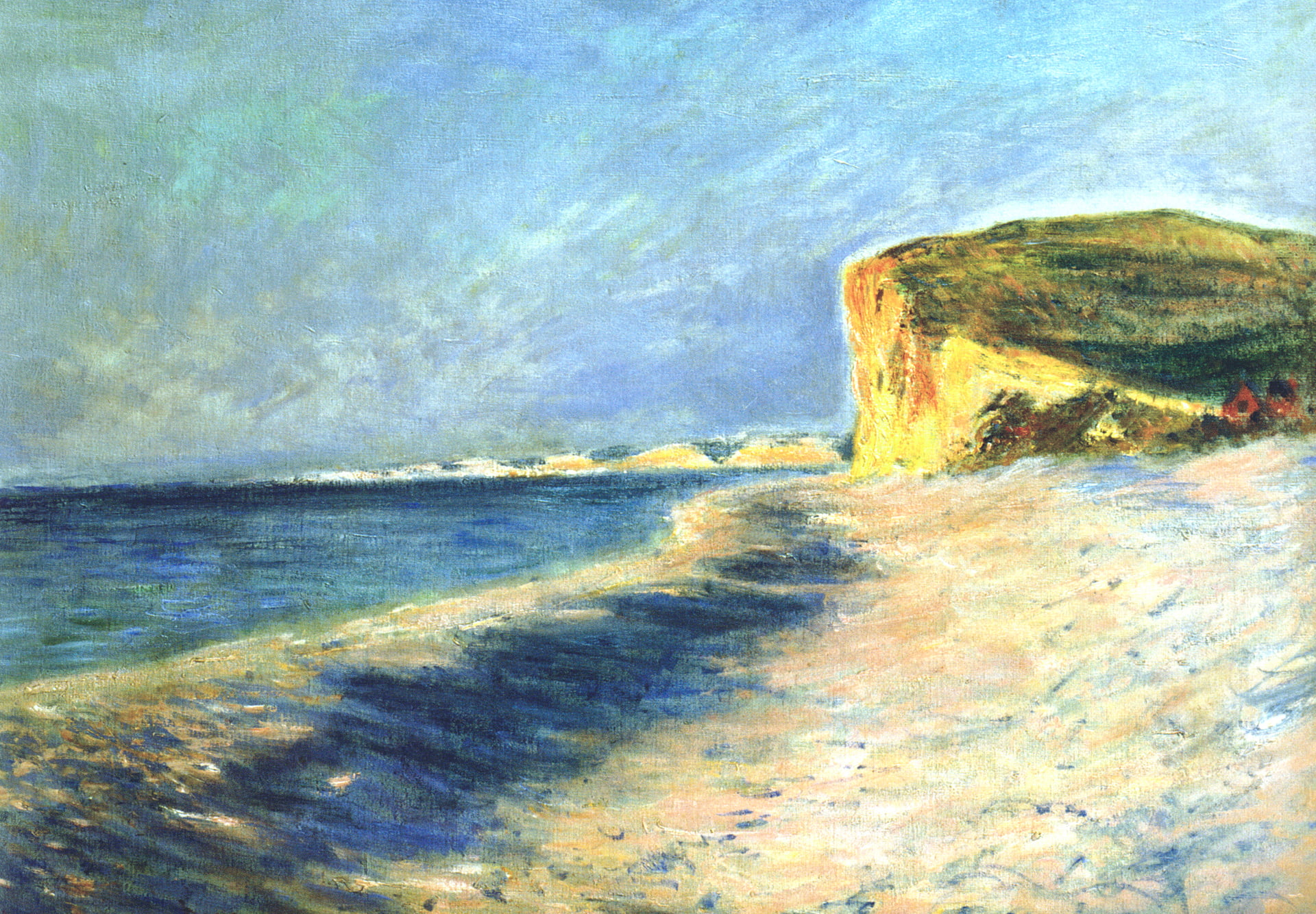 painting, ocean, land, scenics - nature, nature, picture, seascape, Claude Monet, 1080P, beauty in nature, Pourville. Near Dieppe, day, water, wave, tranquility, HD Wallpaper