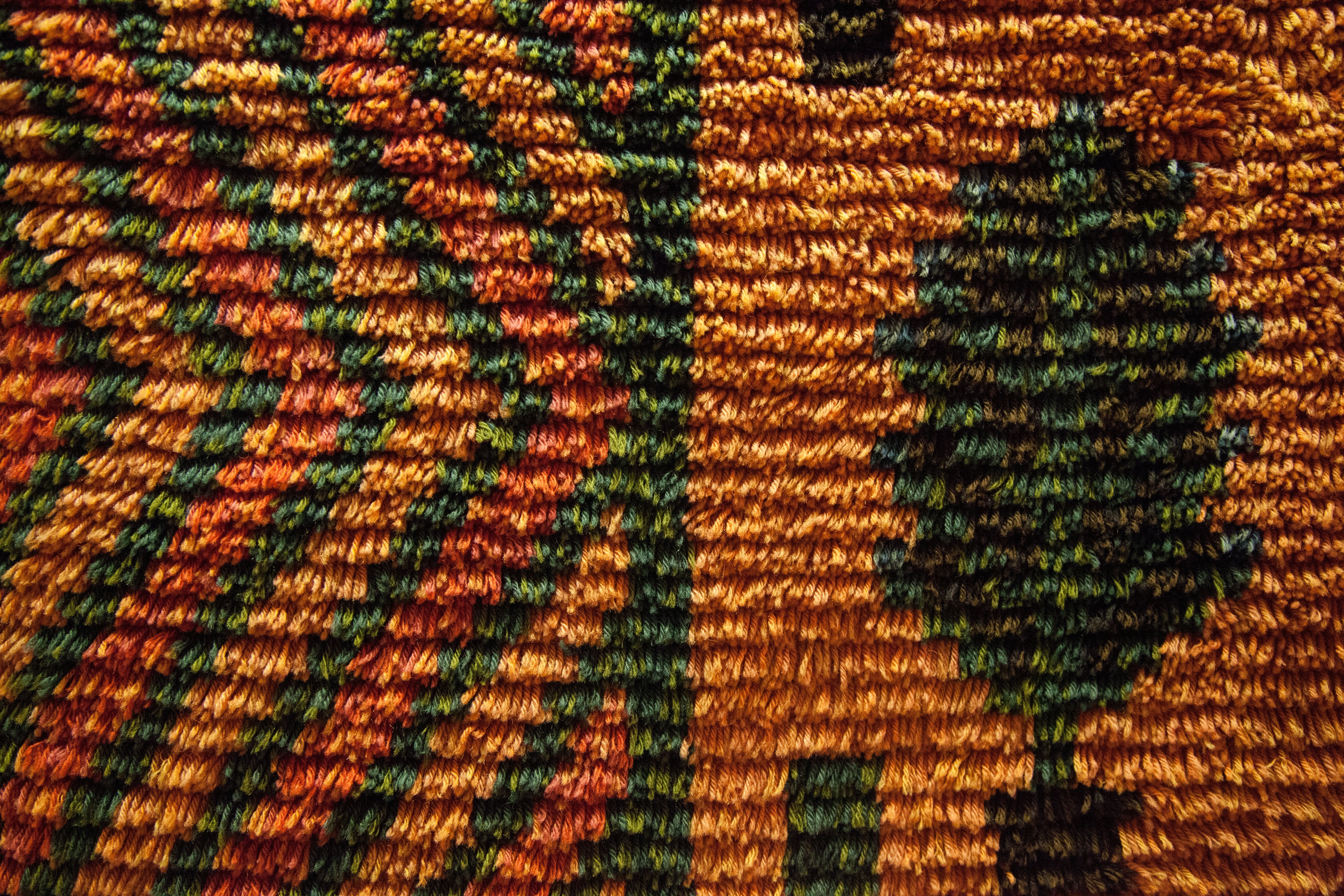 horizontal, thread, orange, handicraft, indoors, detail, closeup, decorative, pattern, design, decoration, 5K, knitting, textured, rya, brown, material, HD Wallpaper