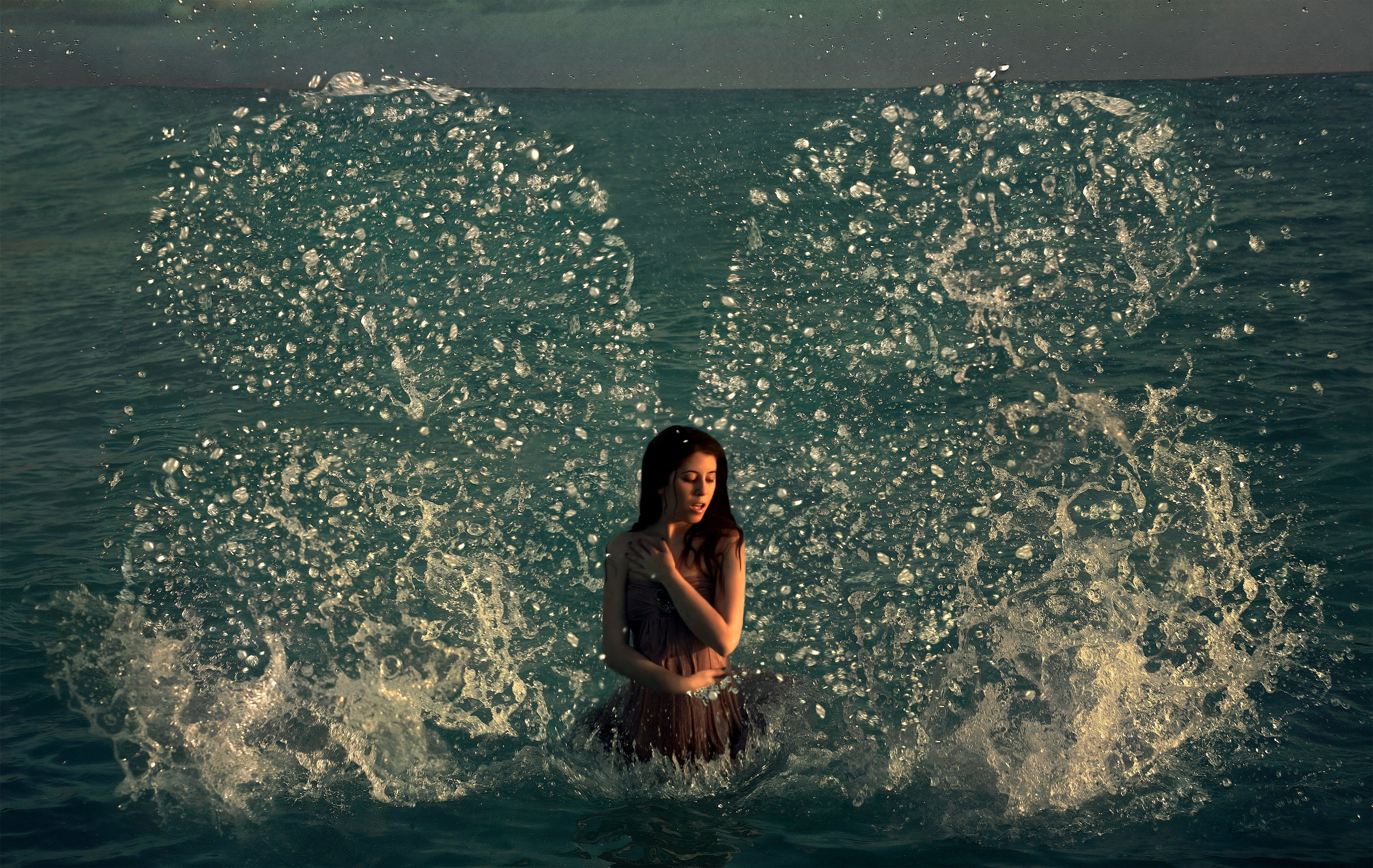 4K, digital art, women, Conceptual, brunette, photo manipulation, in water, women outdoors, HD Wallpaper
