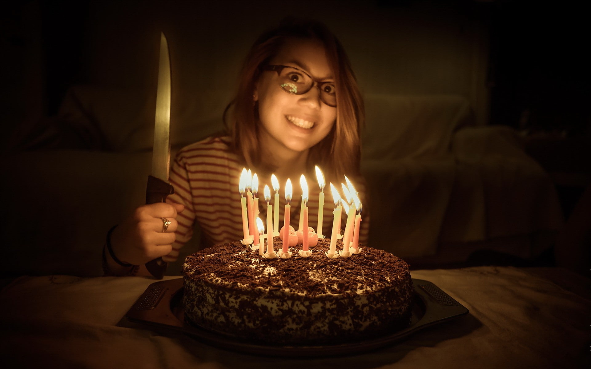 candle, birthday candles, food and drink, 1080P, striped clothing, temptation, cake, illuminated, indoors, flame, women, anniversary, birthday cake, sweet, HD Wallpaper