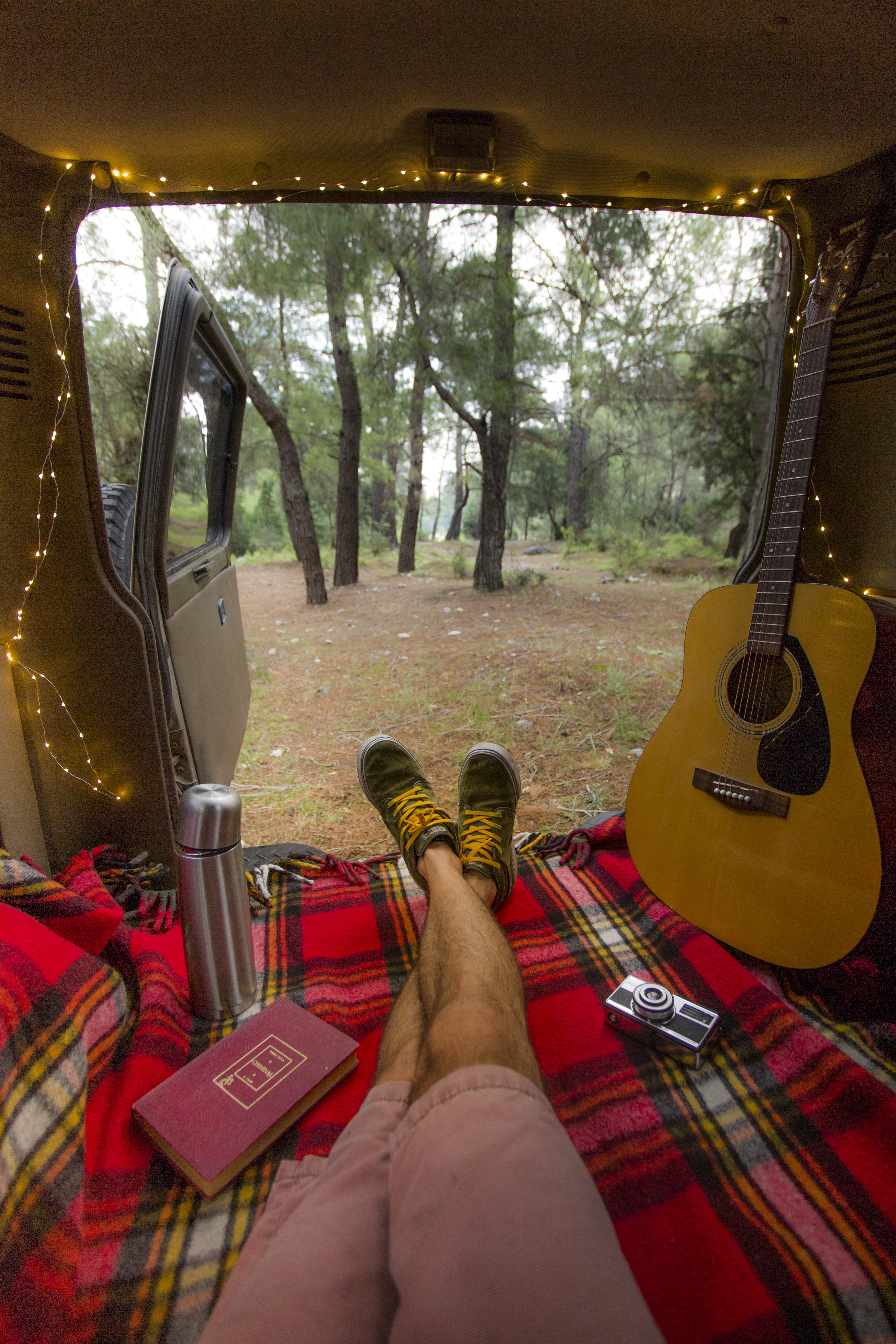 sitting, tree, men, land, real people, acoustic, travel, day, camp, transportation, inside, musical instrument, personal perspective, legs, 5K, land vehicle, Phone HD Wallpaper