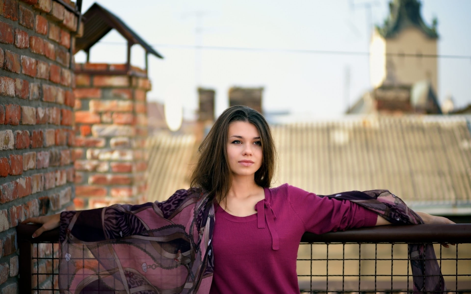 casual clothing, long hair, leisure activity, tower, standing, front view, Tanya A, hairstyle, women, contemplation, lifestyles, violet dress, brunette, HD Wallpaper