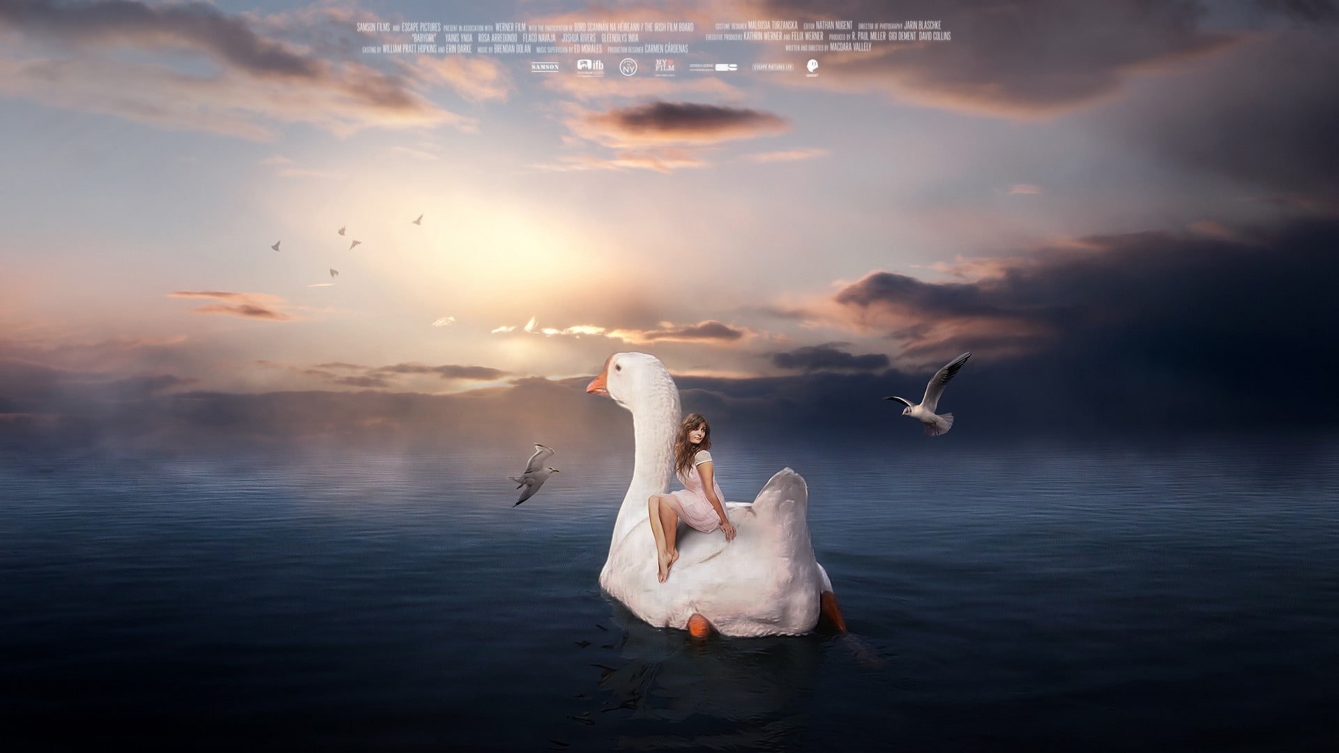 geese, photo manipulation, animals in the wild, sea, swan, large group of animals, water, women, beauty in nature, 1080P, sunset, cloud - sky, group of animals, HD Wallpaper
