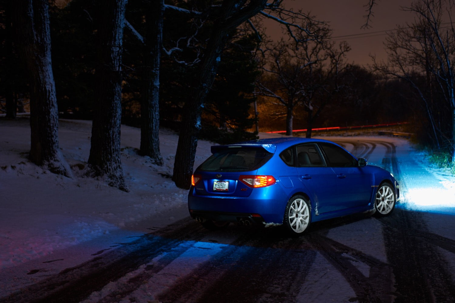 illuminated, snow, no people, street, 720P, city, night, mode of transportation, tree, motor vehicle, parking, Subaru, plant, road, nature, winter, land vehicle, HD Wallpaper