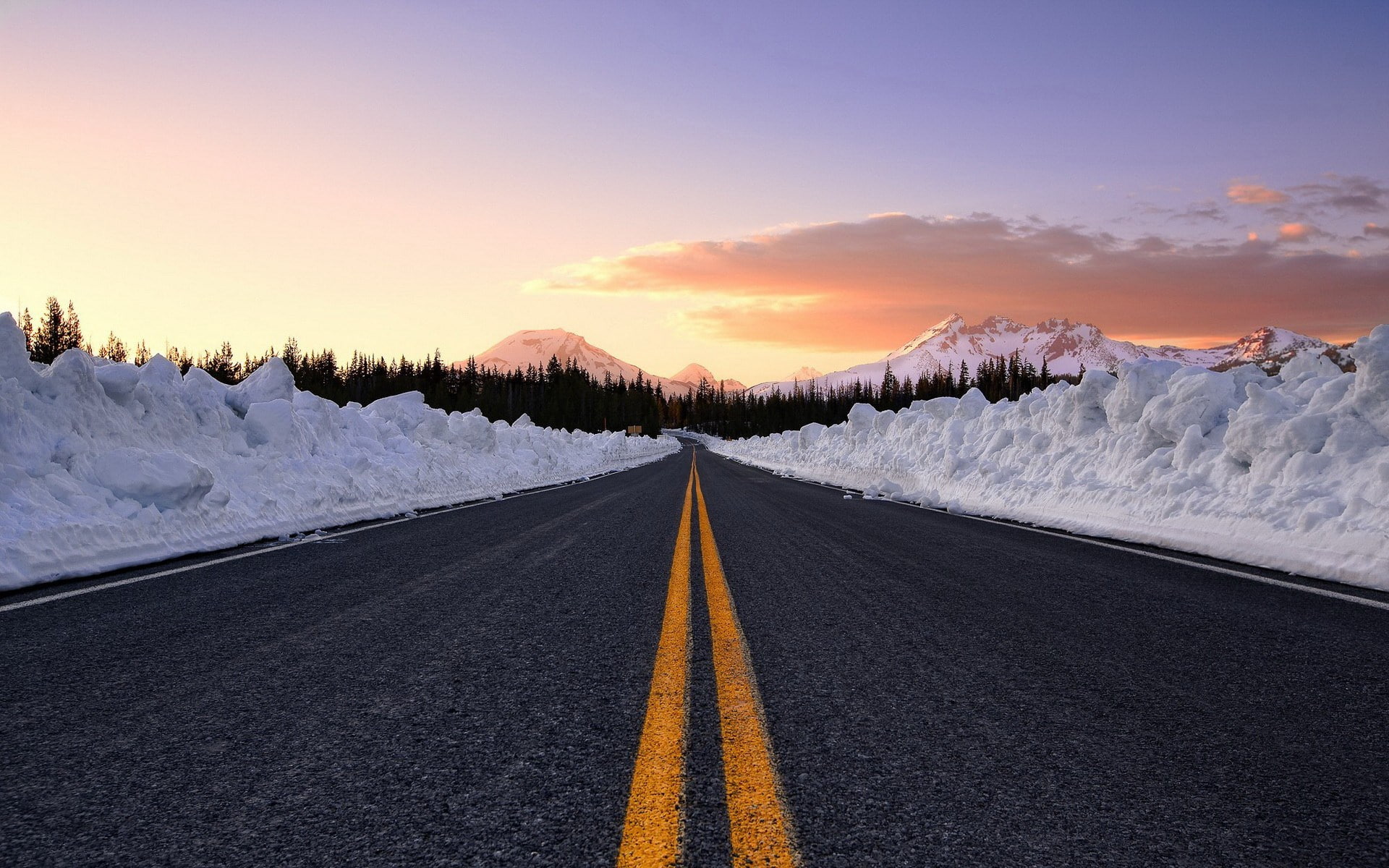 double yellow line, direction, nature, diminishing perspective, winter, road marking, beauty in nature, snowcapped mountain, tranquil scene, symbol, no people, HD Wallpaper