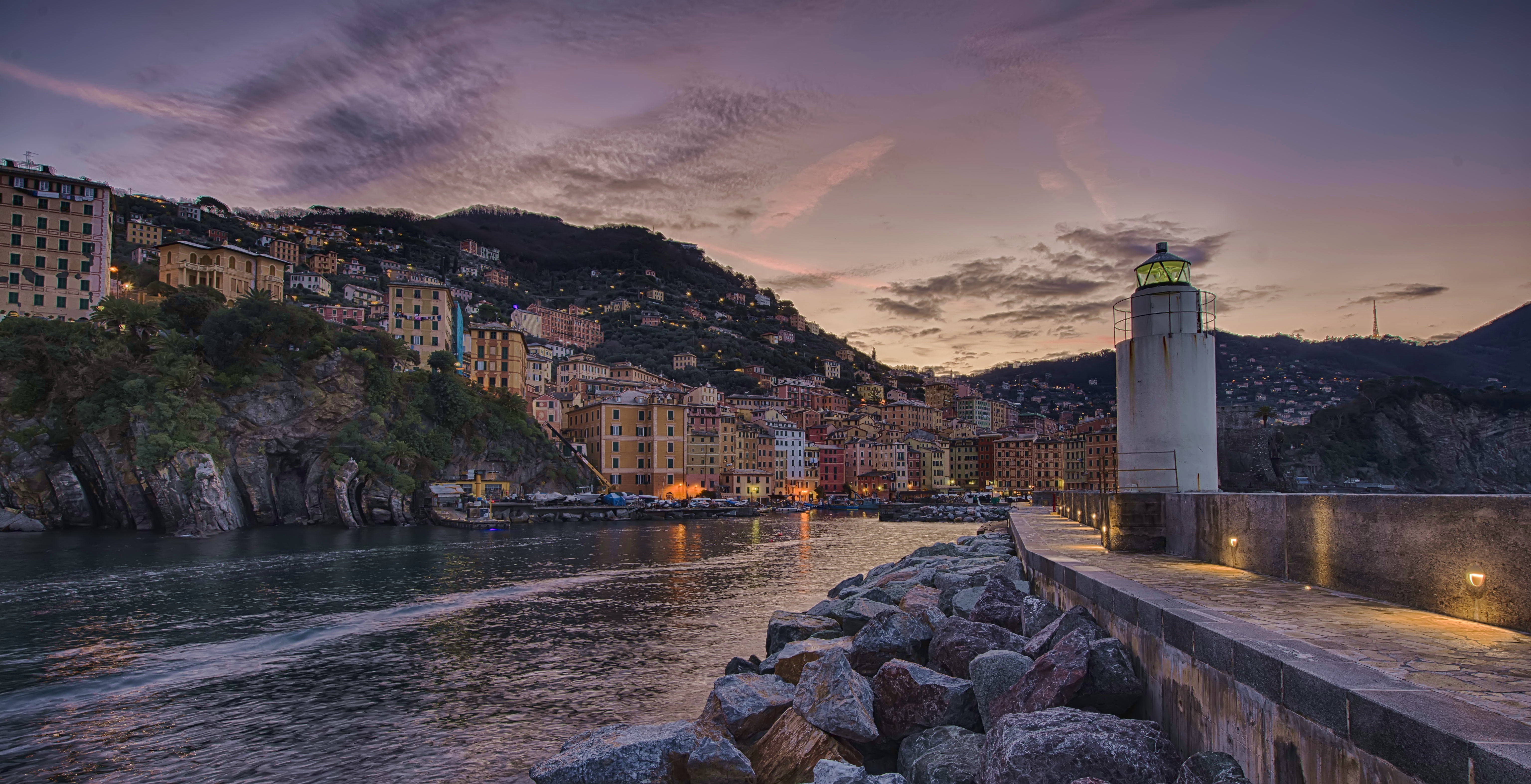 home, Italy, 5K, lighthouse, Bay, Liguria, stones, building, Camogli, HD Wallpaper