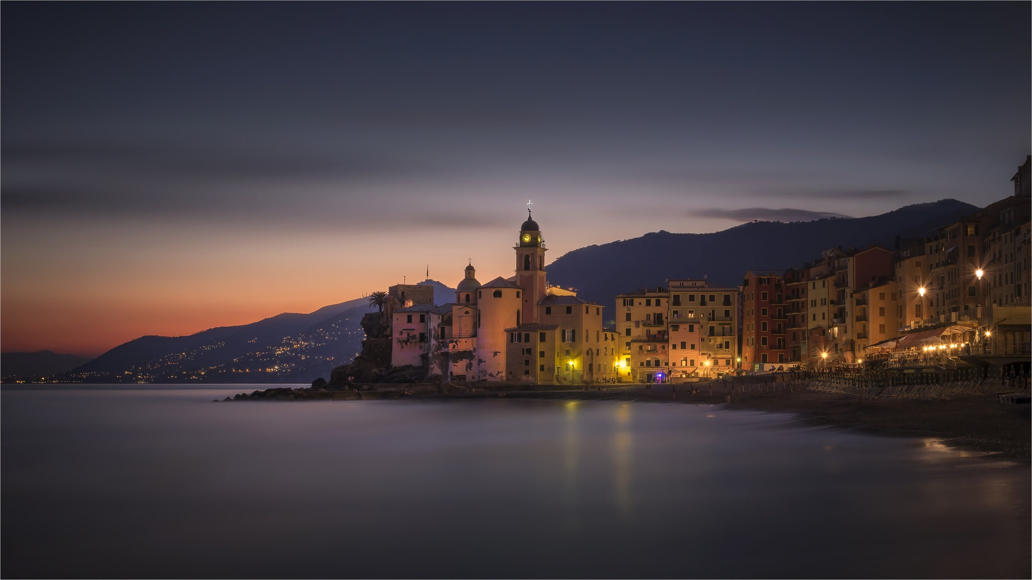 the evening, Camogli, Liguria, 1080P, lights, Italy, coast, HD Wallpaper