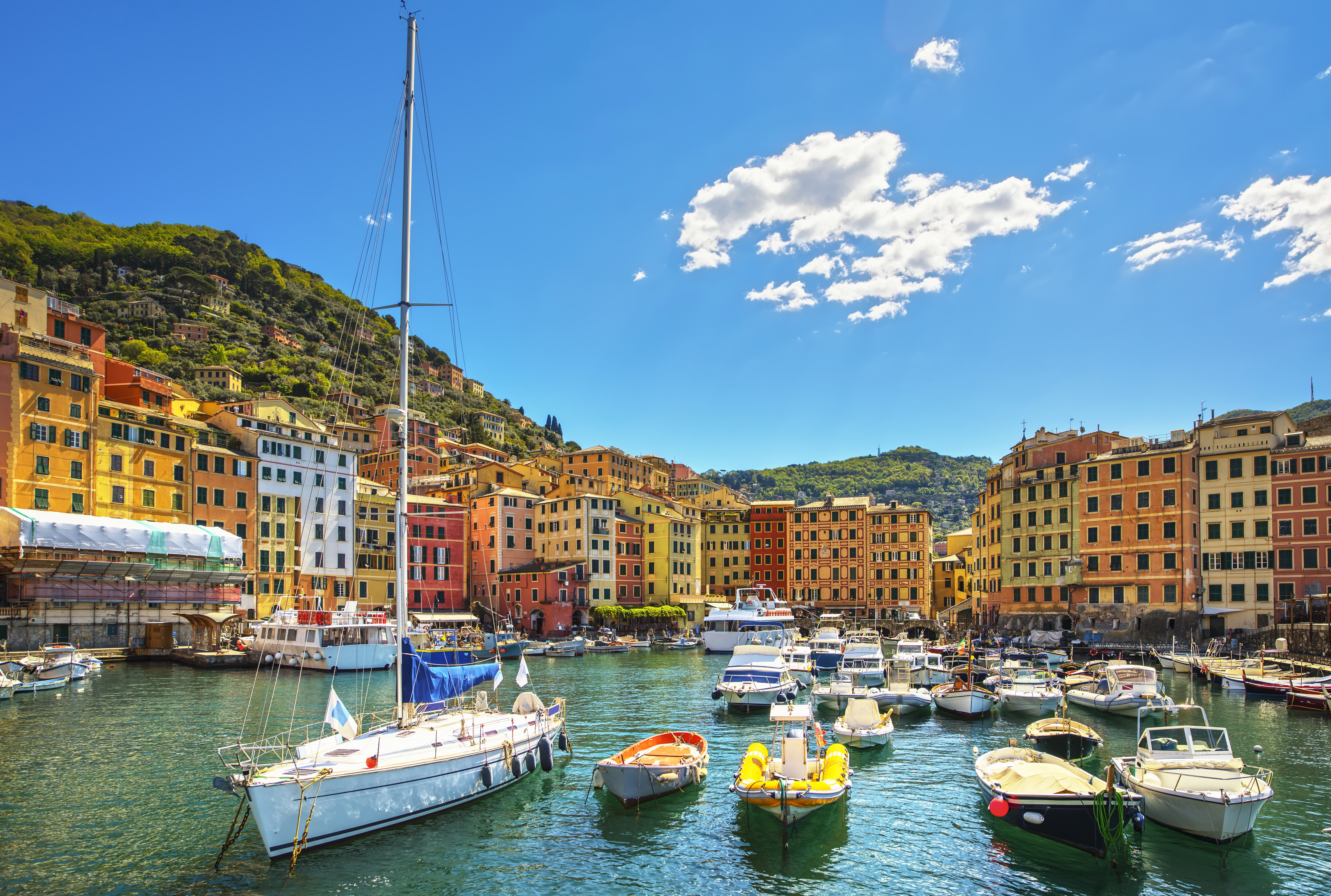 beach, 5K, Liguria, sea, Italy, basilica, travel, Camogli, boats, shore, HD Wallpaper