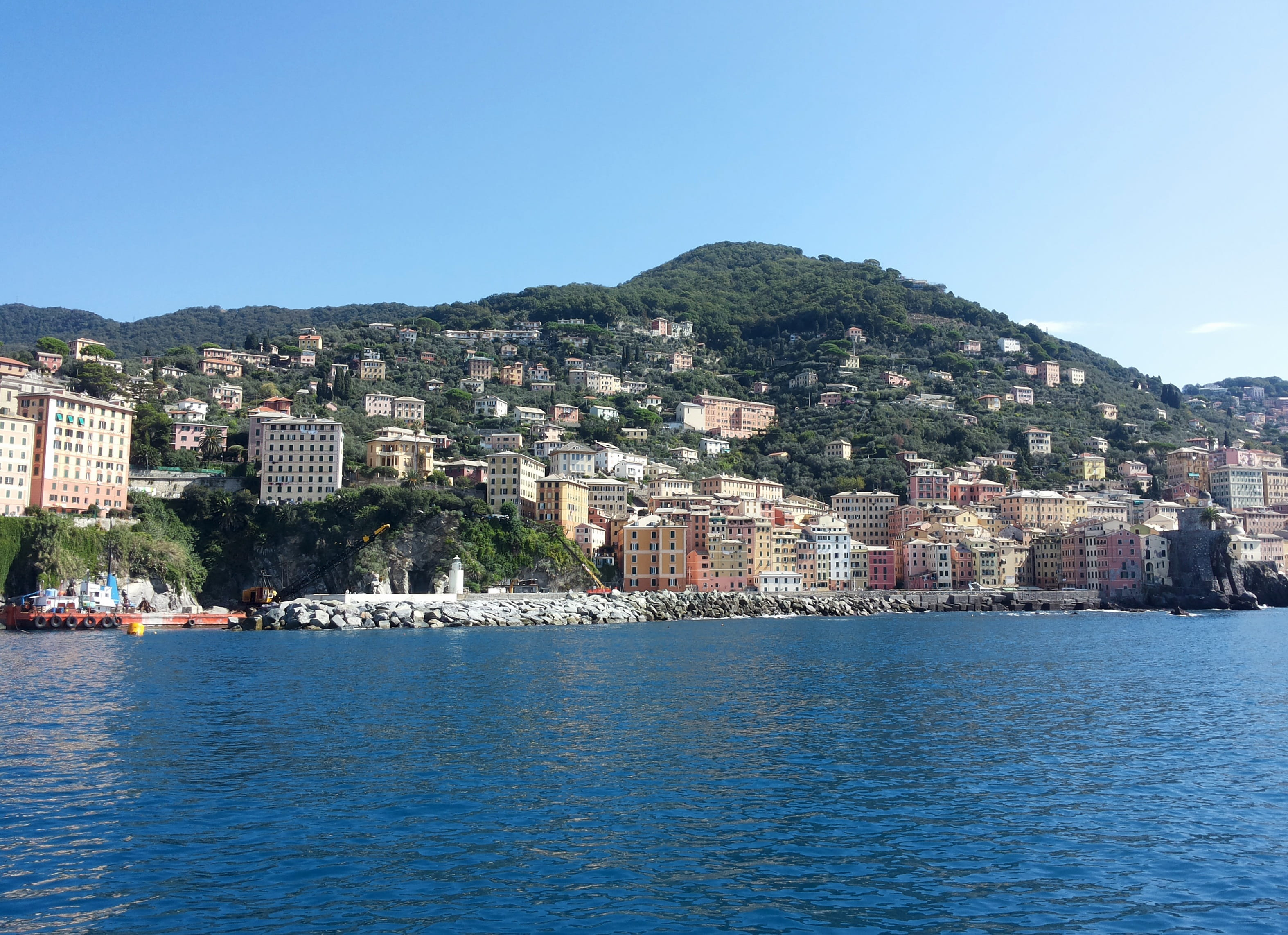 cityscape, architecture, harbor, no people, nature, italy, 2K, summer, europe, city, mountain, Camogli, costa, built structure, land, day, residential district, HD Wallpaper