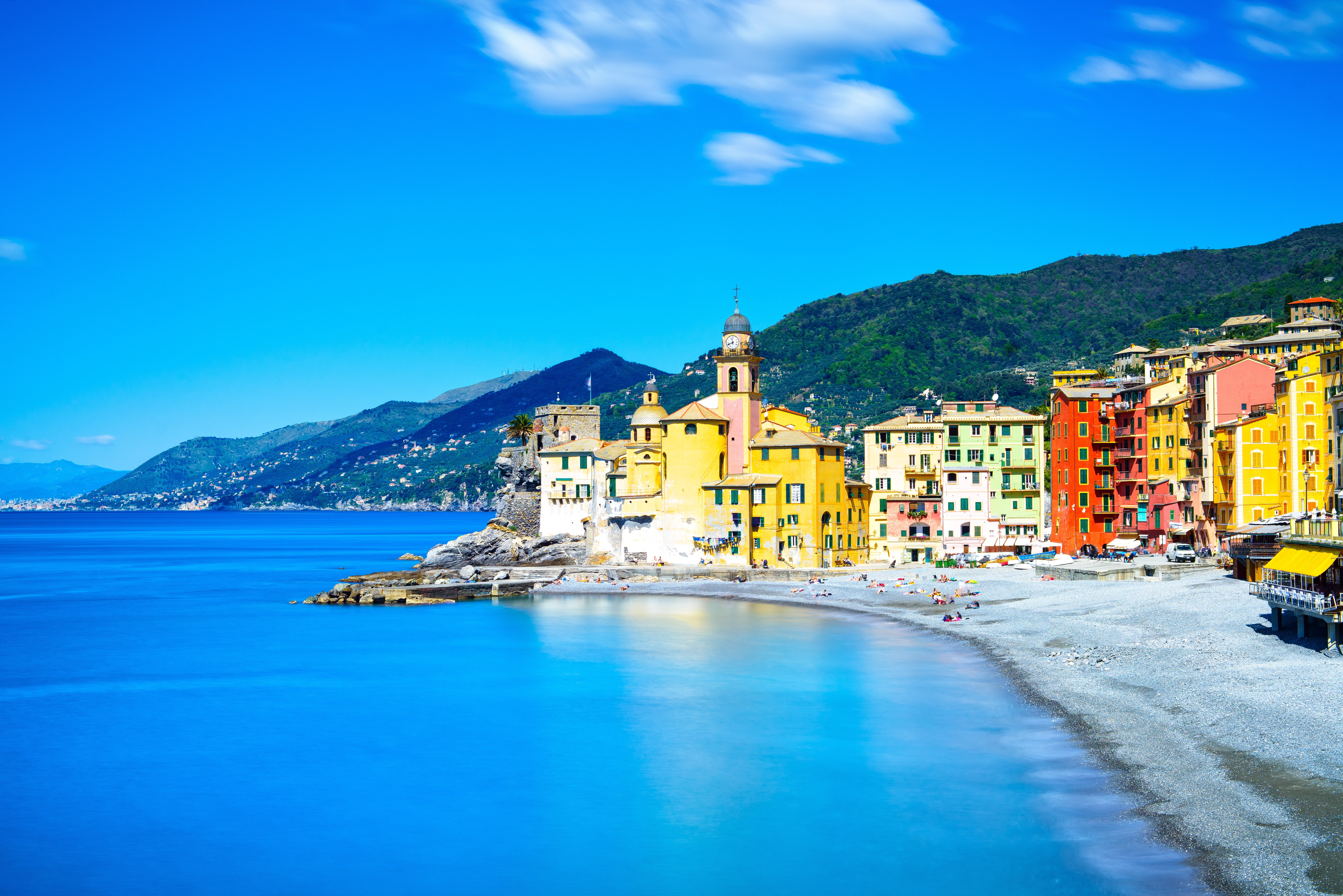 5K, basilica, sea, travel, Liguria, Italy, shore, Church, Camogli, beach, HD Wallpaper