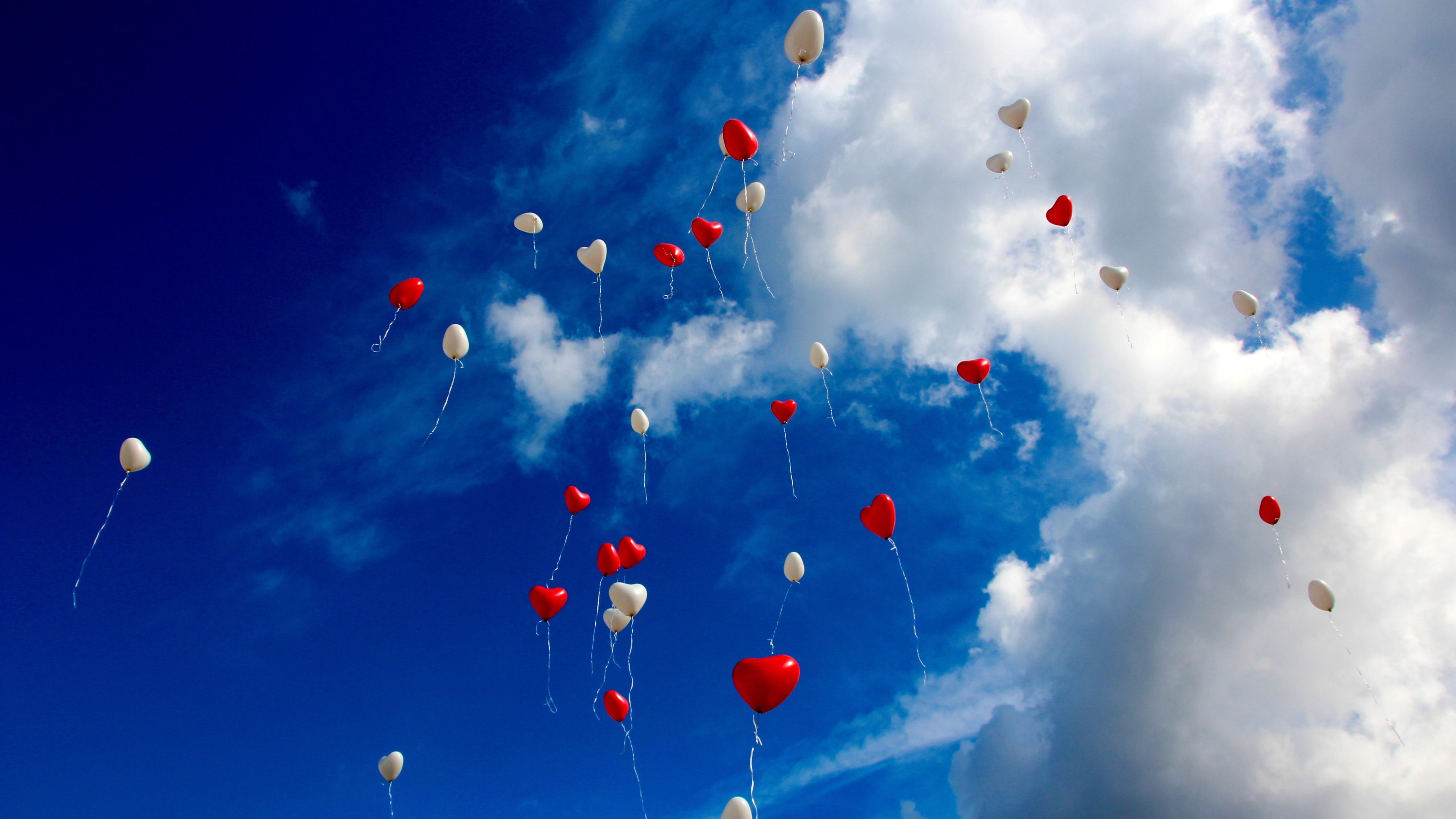 balloons, clouds, sky, balloon, 5K, azure, flying, fluffy clouds, blue sky, fly, heaven, HD Wallpaper