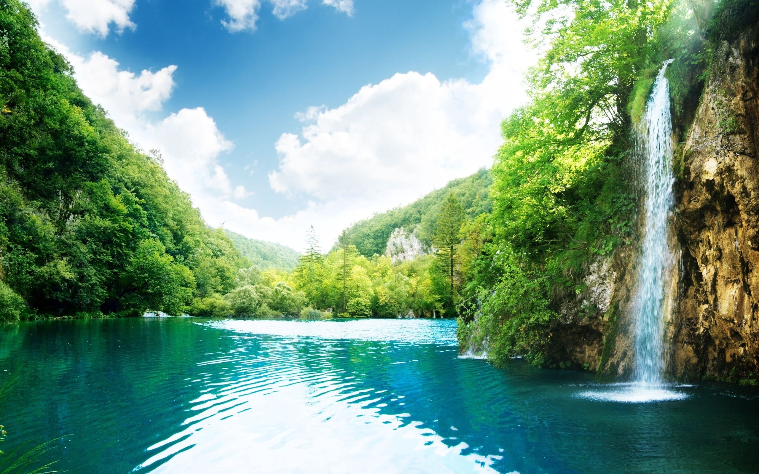falls, valley, green Color, waterfront, freshness, leaf, greens, mountain, non-urban scene, lake, blue, scenics, swimming pool, national Landmark, rock - Object, HD Wallpaper