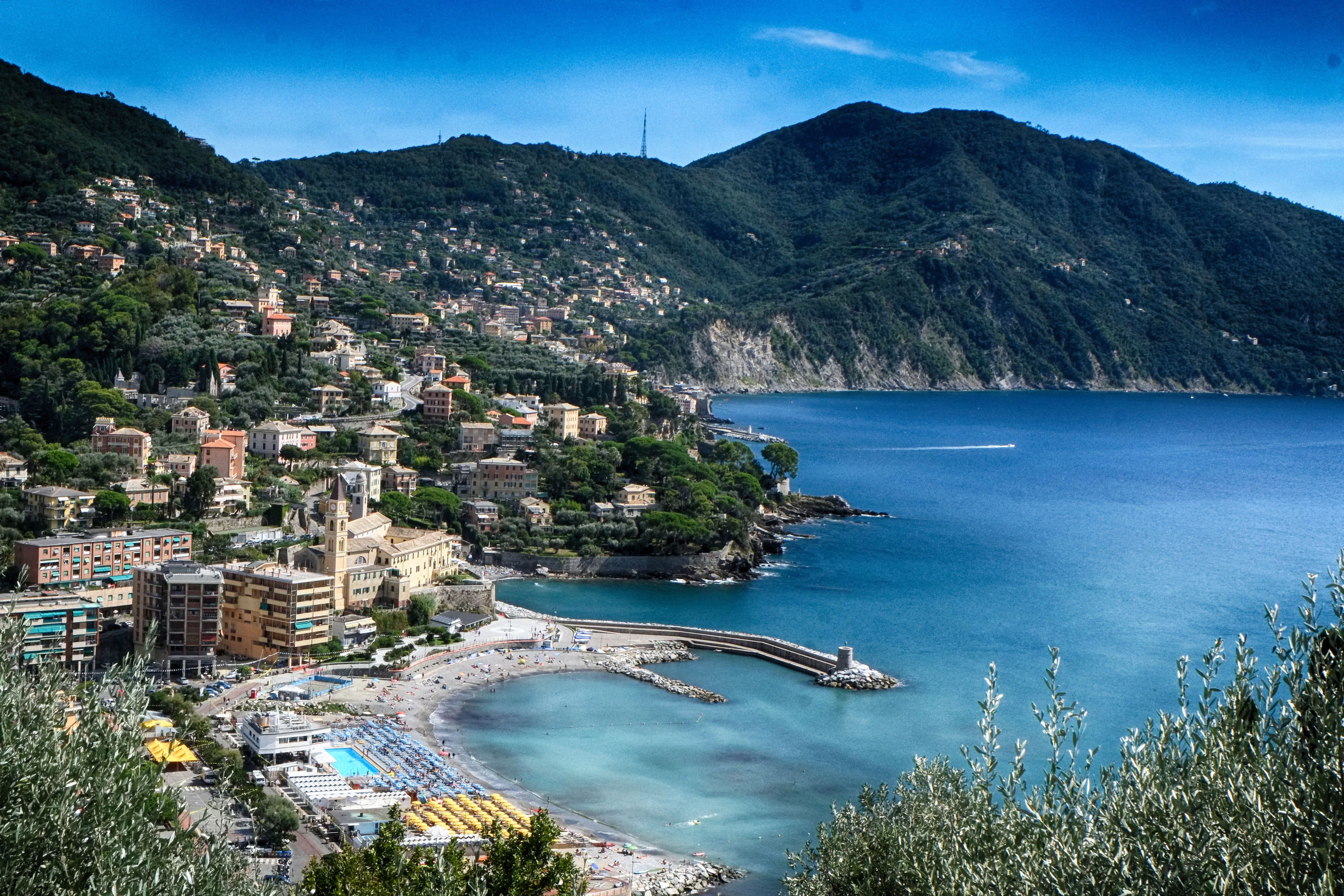 no people, italy, sun, travel, summer, color, building exterior, sea, liguria, mountain range, bay, landscape, scenics - nature, high angle view, sea storm, HD Wallpaper
