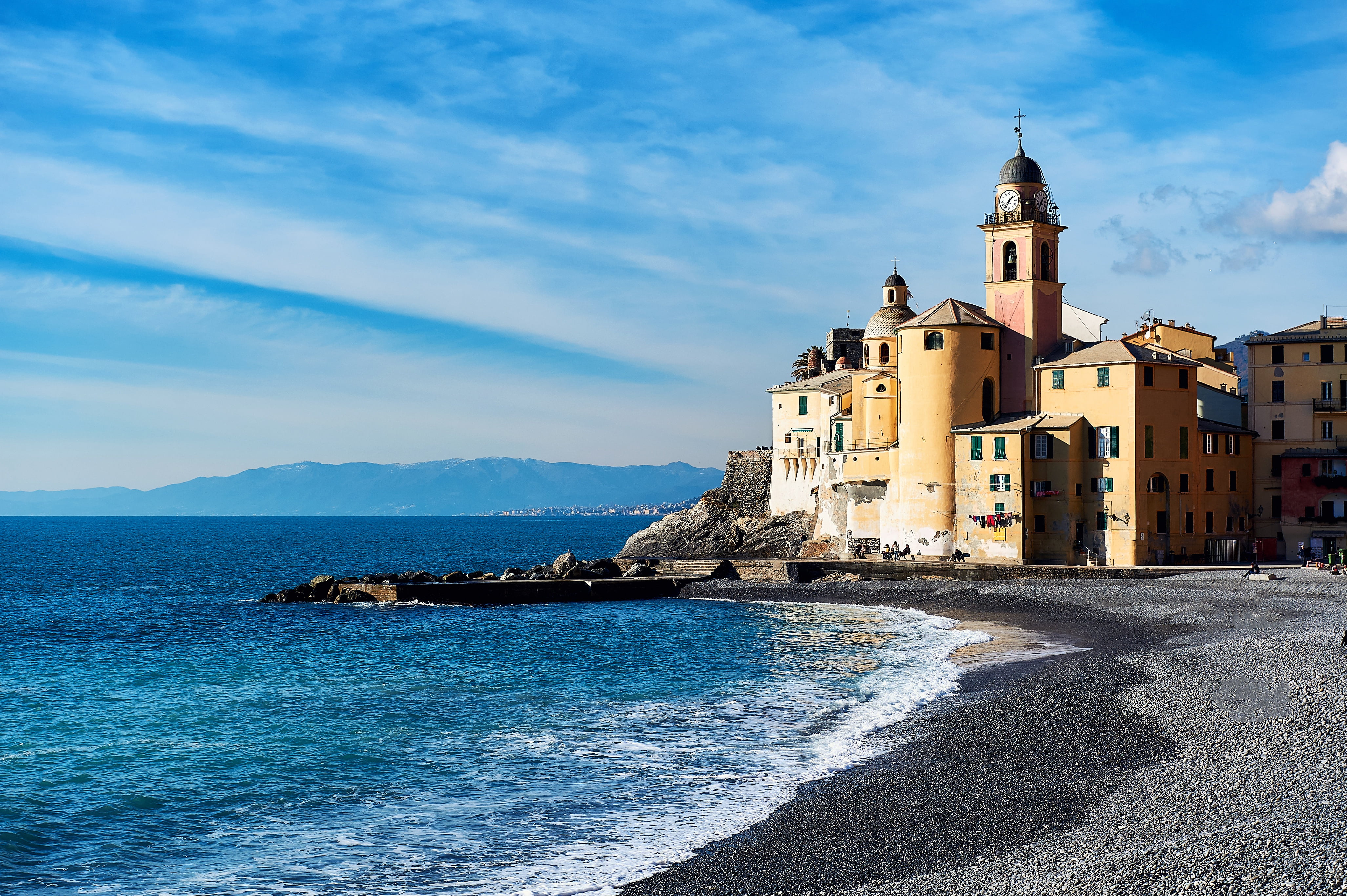 sea, beach, Liguria, travel, Italy, 4K, basilica, Camogli, Church, shore, HD Wallpaper