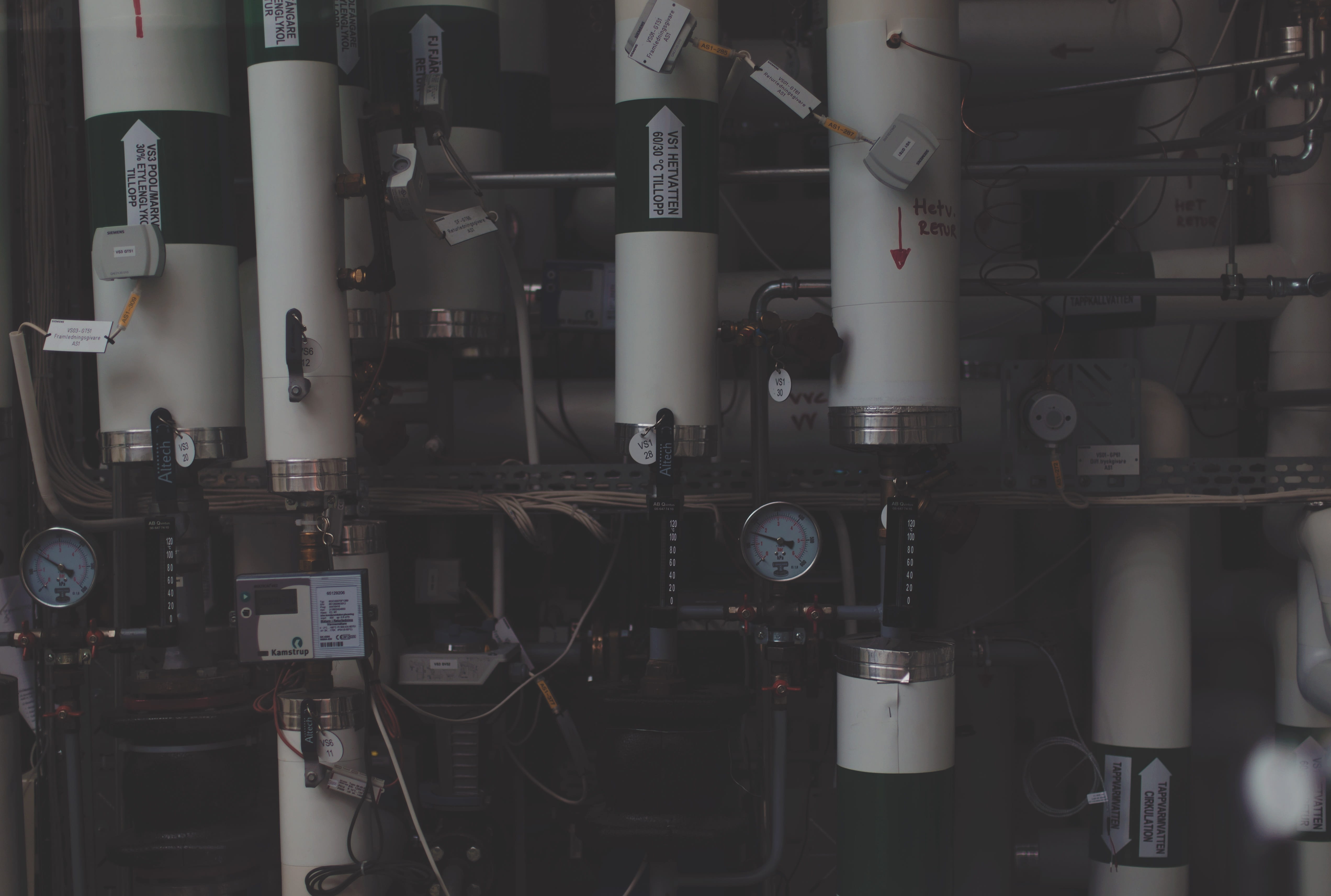 factory, meters, close-up, machine part, pipe - tube, gauges, large group of objects, industrial, metal, measuring, power supply, fuel and power generation, HD Wallpaper