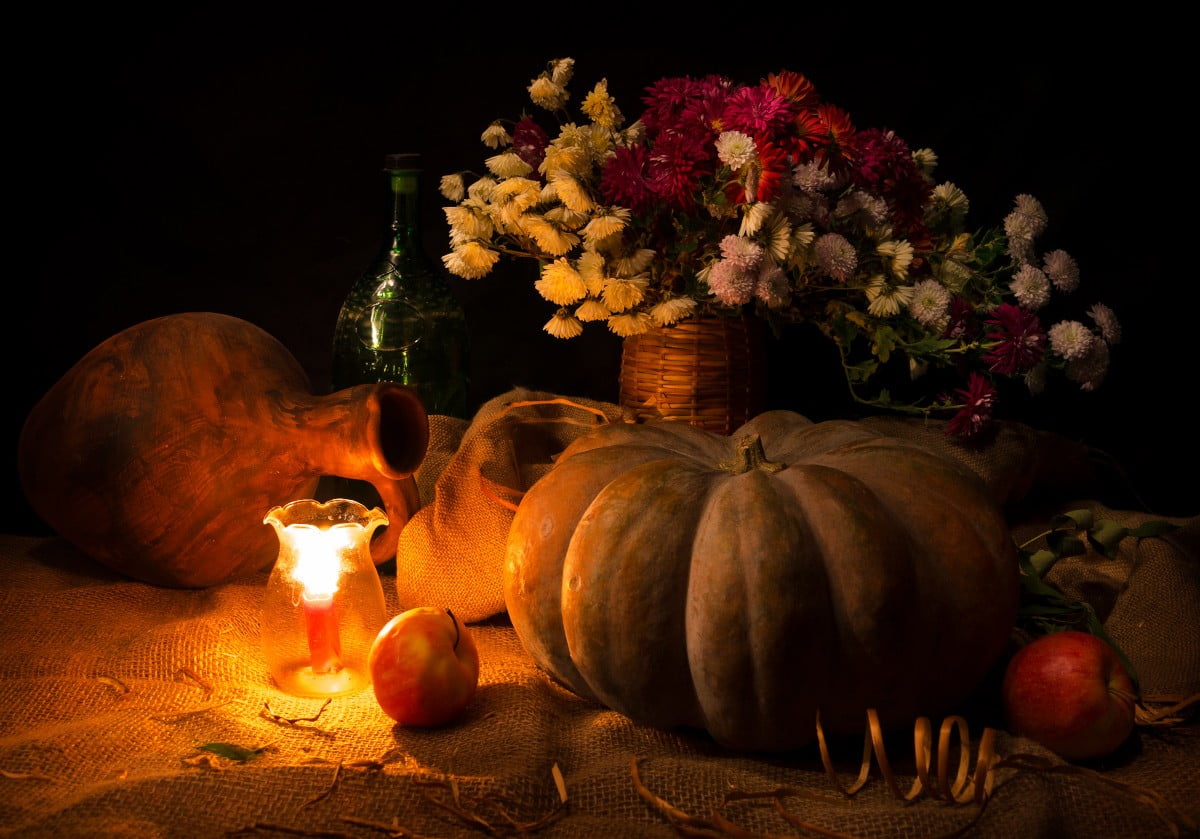 red, container, yellow, nature, 480P, food, petaled, vegetable, food and drink, plant, wellbeing, flowers, fruit, candles, autumn, black background, illuminated, HD Wallpaper