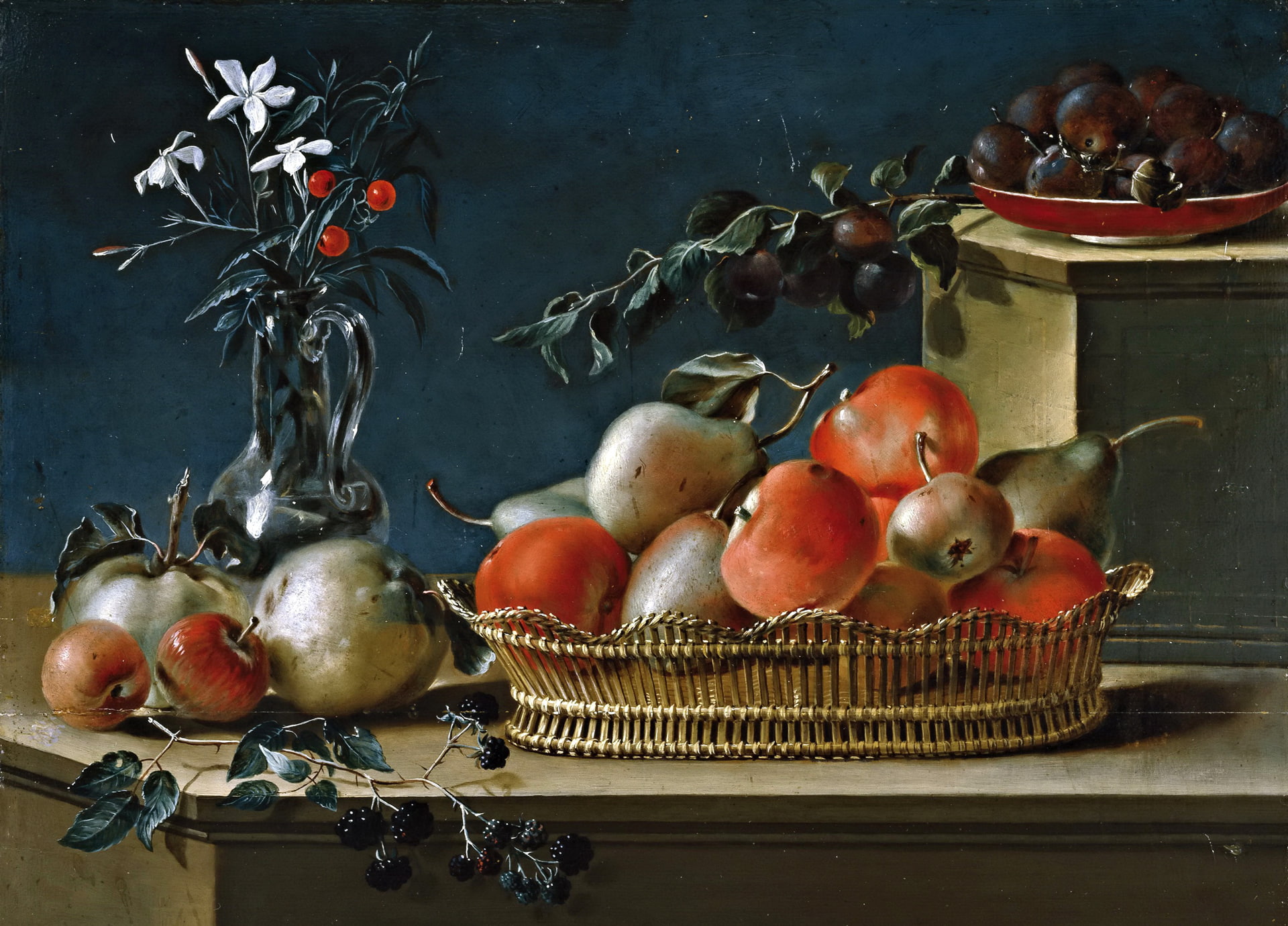 picture, Still life with Fruit and Glass Vase, berries, apples, basket, Jose Ferrer, 1080P, pear, HD Wallpaper