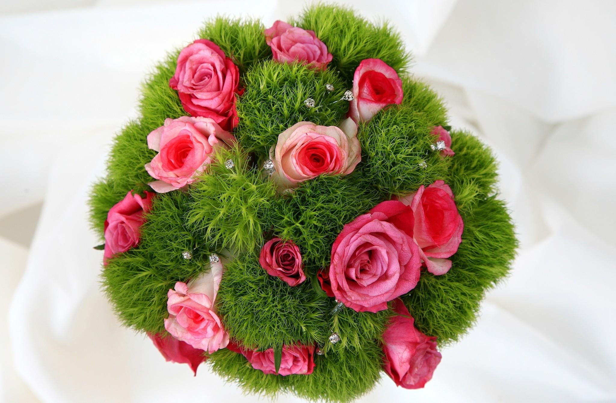 roses, leaf, bouquet, freshness, vulnerability, composition, centerpiece, birthday, white, plant part, day, pink Color, flowering plant, love, valentines Day - Holiday, HD Wallpaper