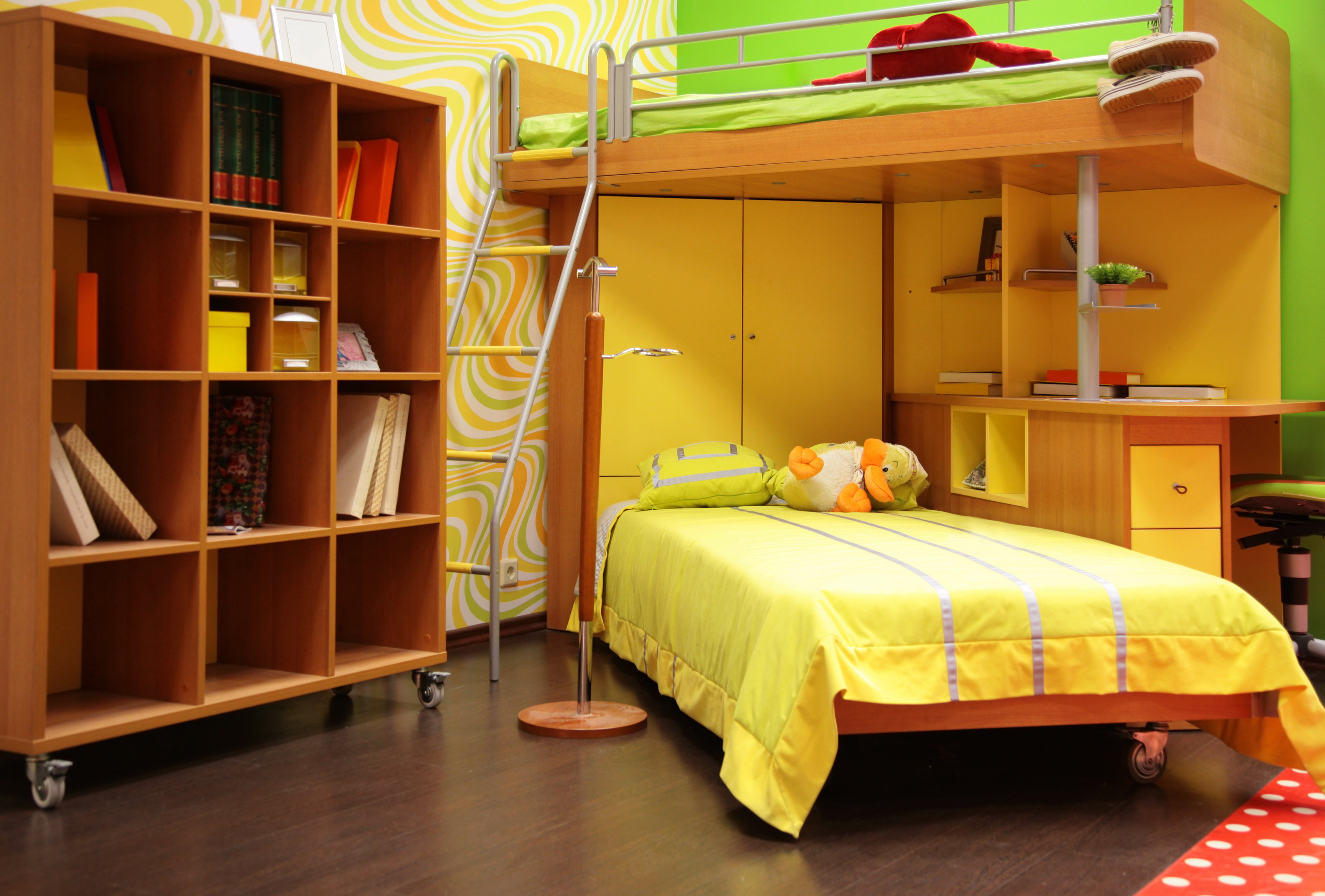 electric lamp, lighting equipment, tidy room, indoors, x, brown, childrens, organizer, bookshelf, photo, interior, home interior, domestic room, bedroom, HD Wallpaper