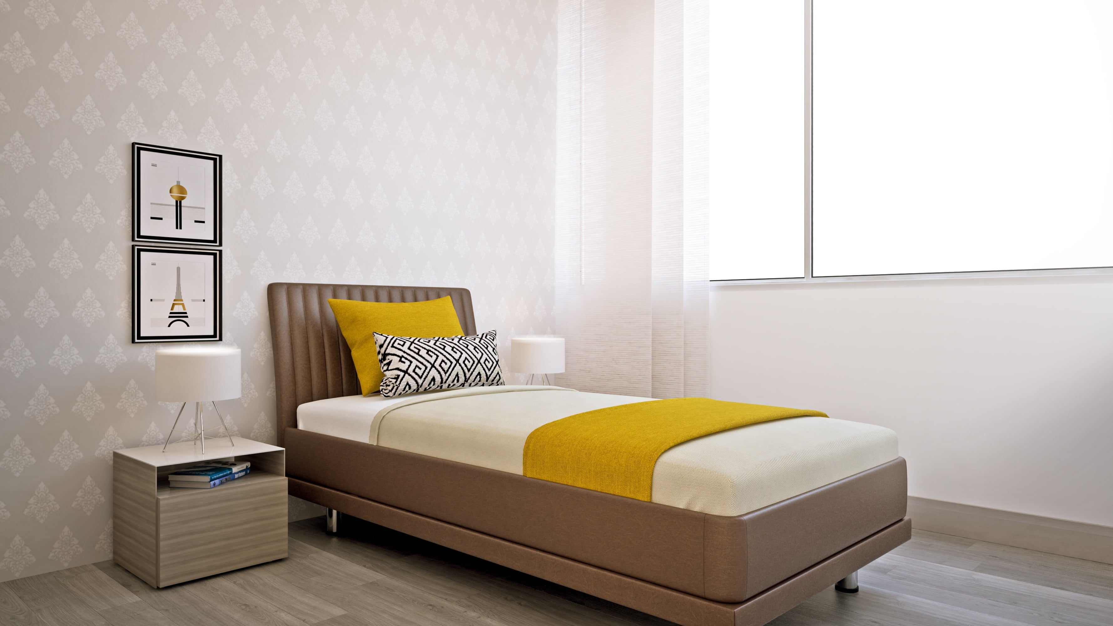 modern, no people, wealth, window, light, space, pillow, wooden, building, cozy, flooring, brown, indoors, comfortable, bedroom, home showcase interior, HD Wallpaper