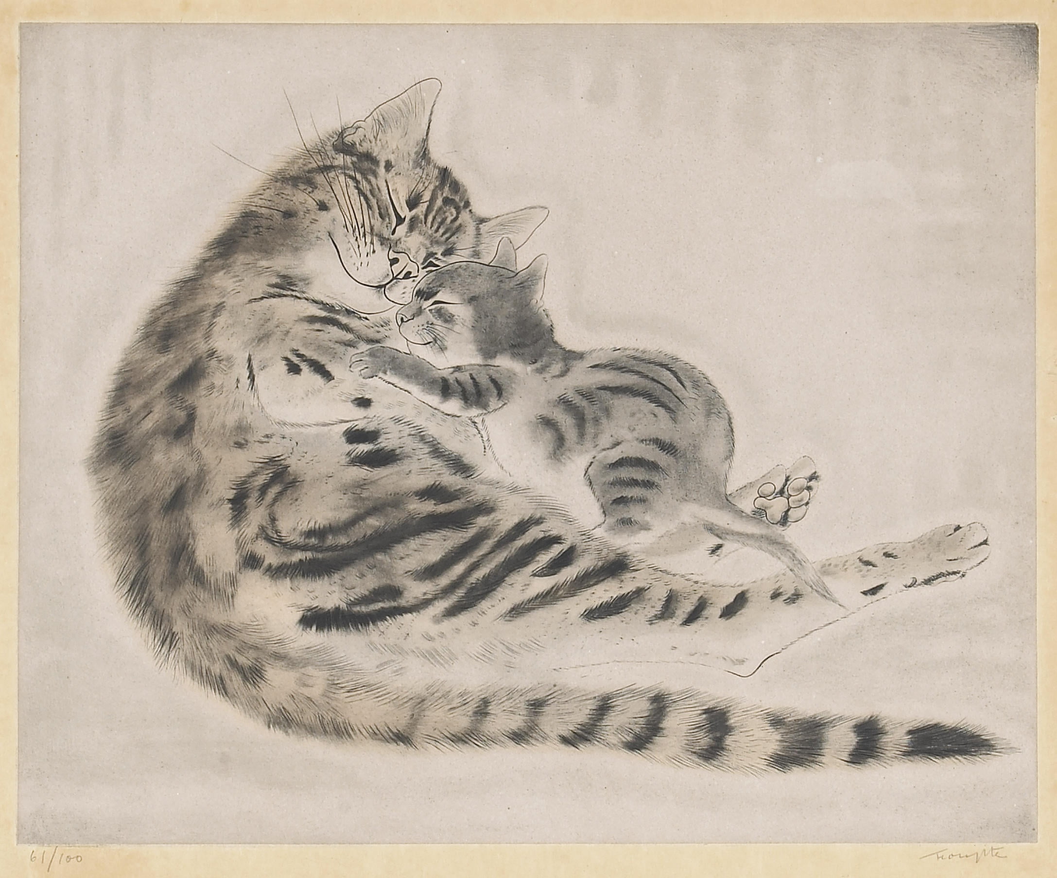 Cat and kitten, 1929, tenderness, Tsuguharu, 1080P, kindness, etching and aquatint in color, Fujita, HD Wallpaper
