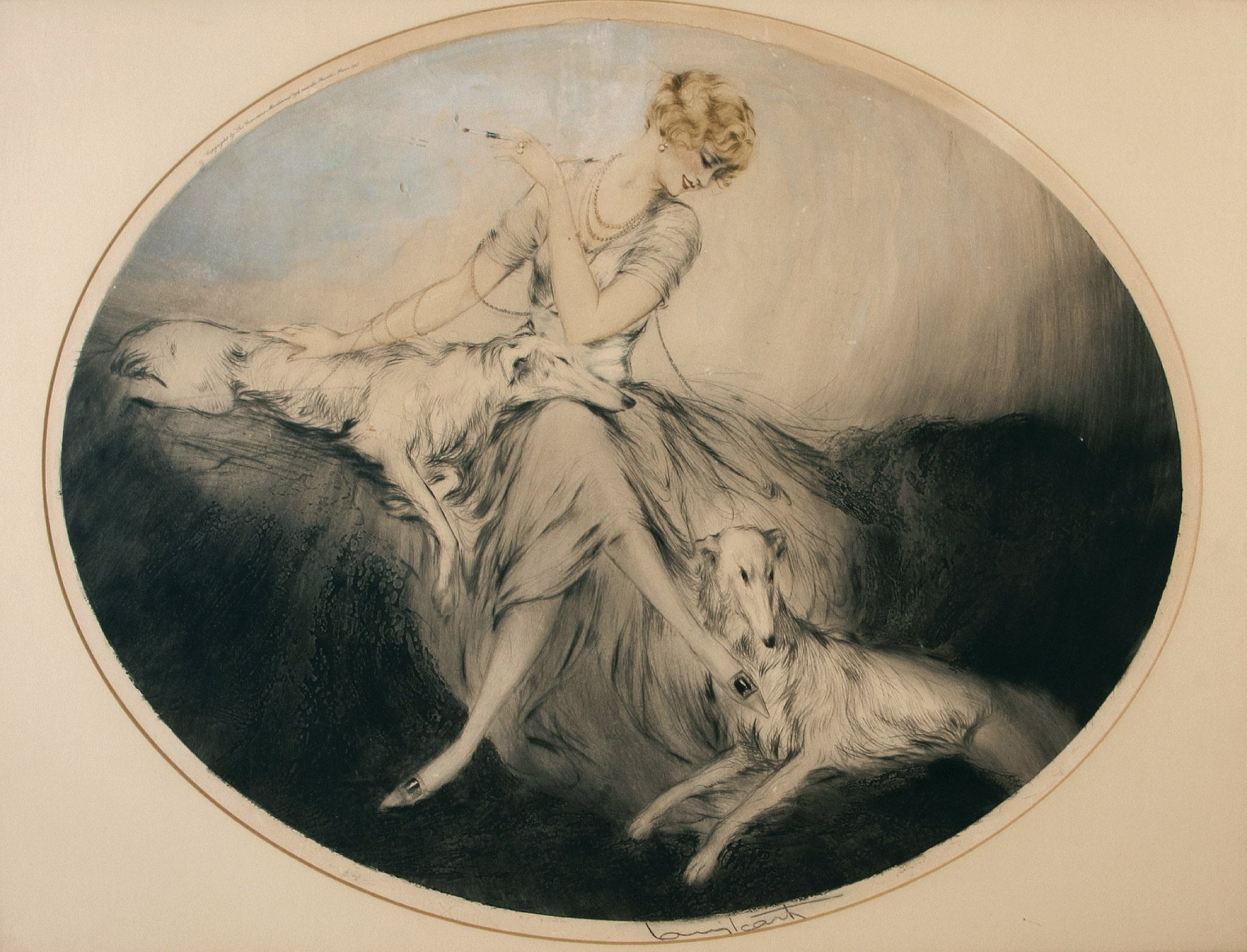 elegant, 1080P, 1923, Louis Icart, Friends, etching and aquatint, art Deco, woman with dogs, HD Wallpaper