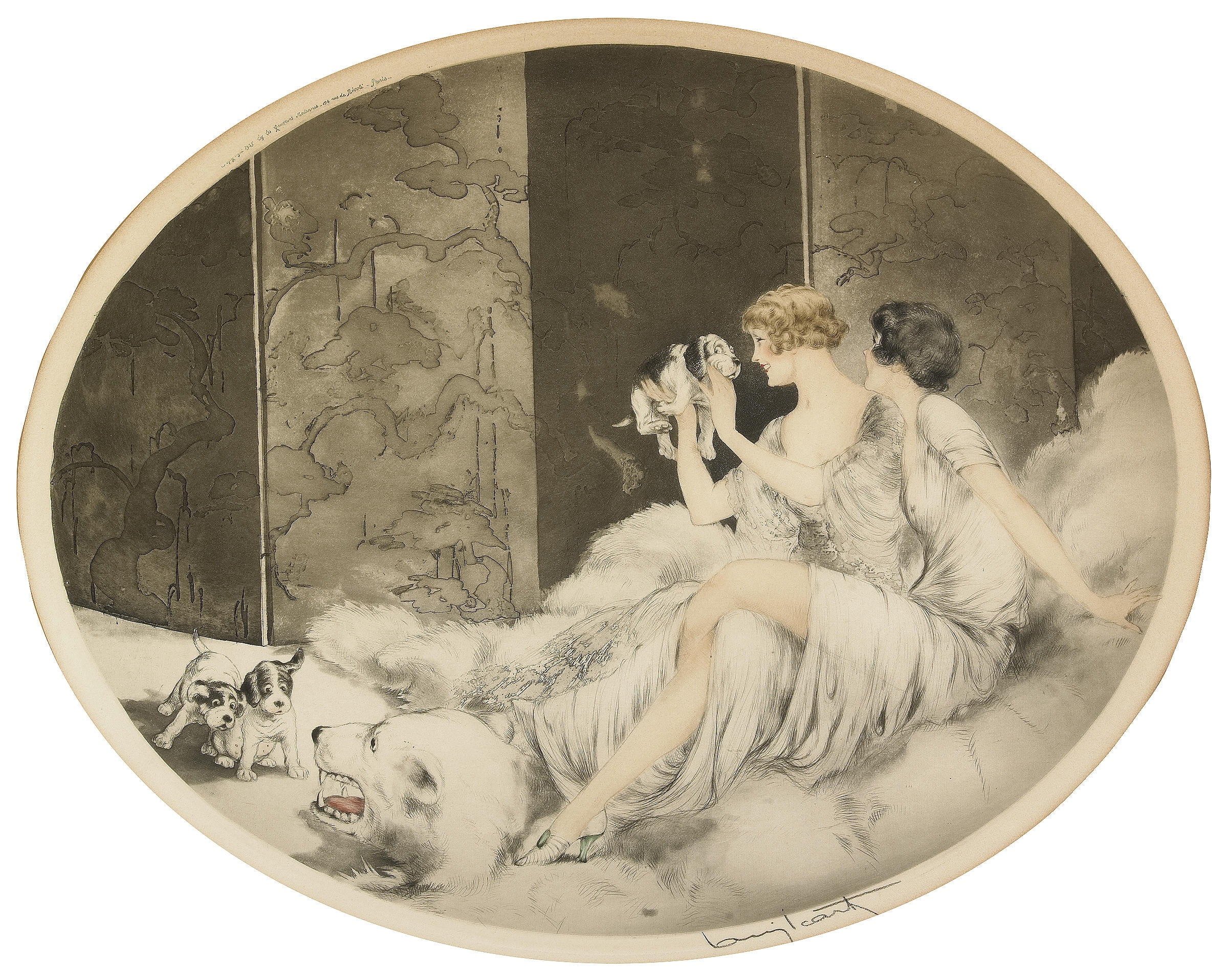 the polar bears head, art Deco, 1080P, 1925, etching and aquatint, Puppies, Louis Icart, HD Wallpaper
