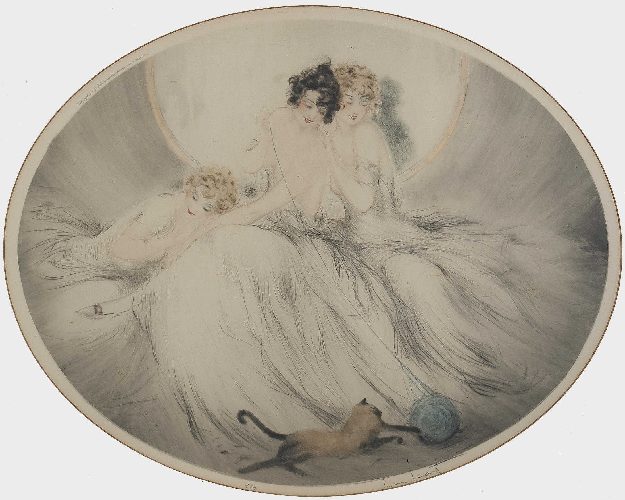 art Deco, The ball of yarn, three girls, Siamese cat, 1924, 1080P, etching and aquati, Louis Ikar, HD Wallpaper