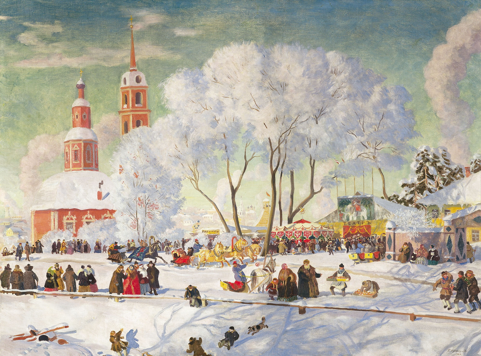 1080P, winter, canvas, people, oil, Church, trees, temple, Boris KUSTODIEV, Carnival. 1920, HD Wallpaper