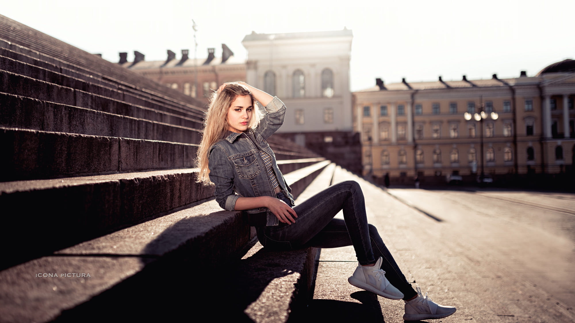 500px, hand on head, Icona Pictura, jeans jacket, sneakers, blonde, photography, sitting, jeans, stairs, women, 1080P, HD Wallpaper