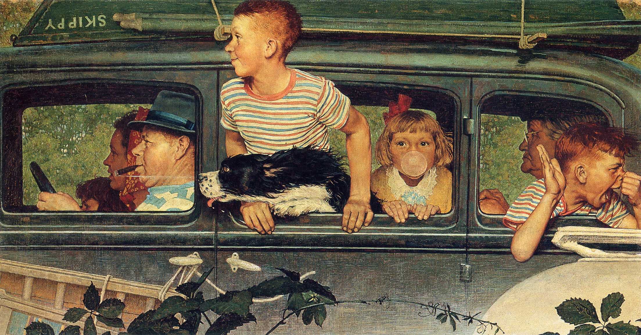 Illustration, dog, adults and children, machine, Norman Rockwell, trip, 1080P, HD Wallpaper