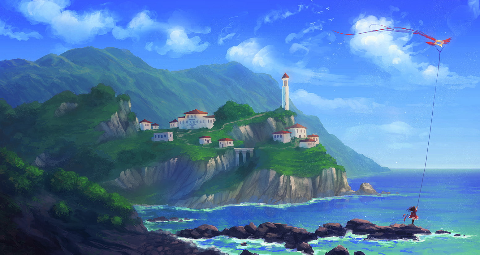 painting, 720P, landscape, mountains, sea, children, digital art, fan art, city, illustration, HD Wallpaper