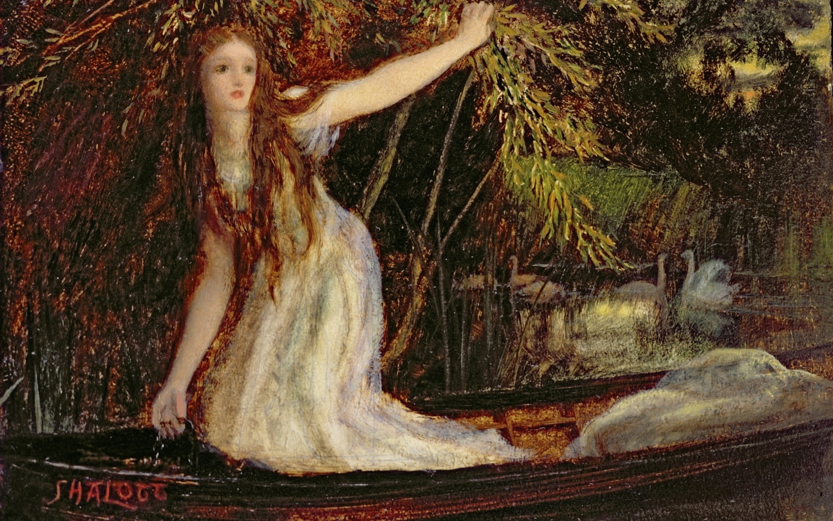 Lady of Shallot, arthur hughes, casual clothing, digital composite, pictura, art, blond hair, women, long hair, young adult, water, boat, hairstyle, beautiful woman, HD Wallpaper