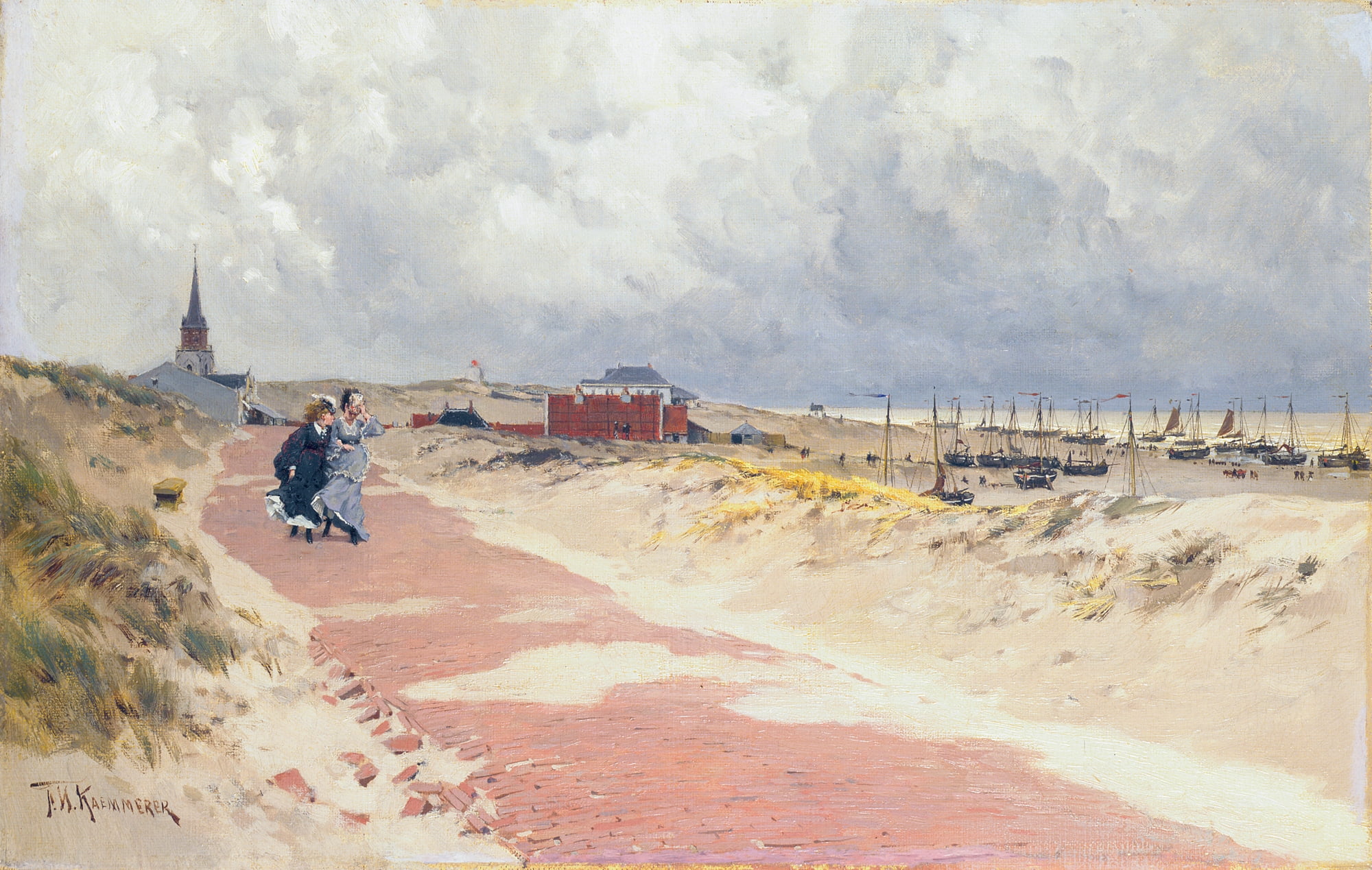 transportation, cloud - sky, incidental people, sunlight, day, woman, pink, couple, land, architecture, View of Scheveningen, riding, road, beach, people, HD Wallpaper