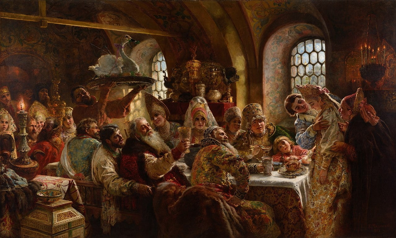 boyar, the past, art and craft, pictura, spirituality, built structure, mural, arch, religion, A boyar wedding feast, konstantin makovski, art, human representation, HD Wallpaper
