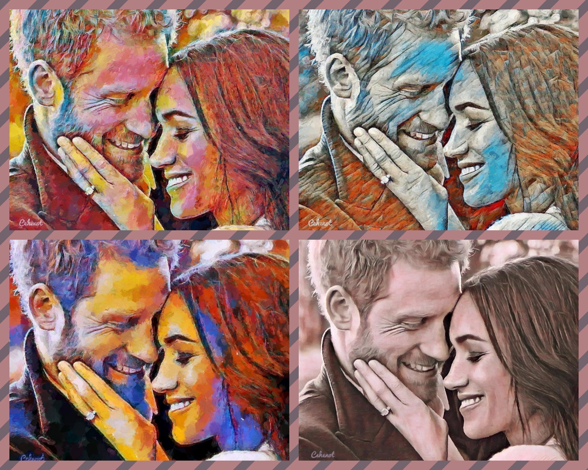 cehenot, art, by cehenot, royal wedding, 1080P, collage, painting, Meghan and Harry, pictura, Meghan Markle, HD Wallpaper