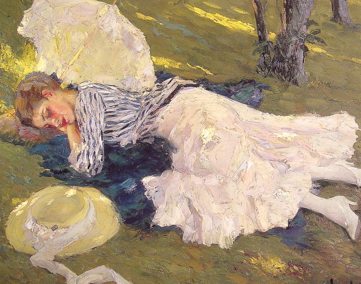 painting, art, 480P, edward cucuel, umbrella, woman, pictura, summer, Sleepy, HD Wallpaper