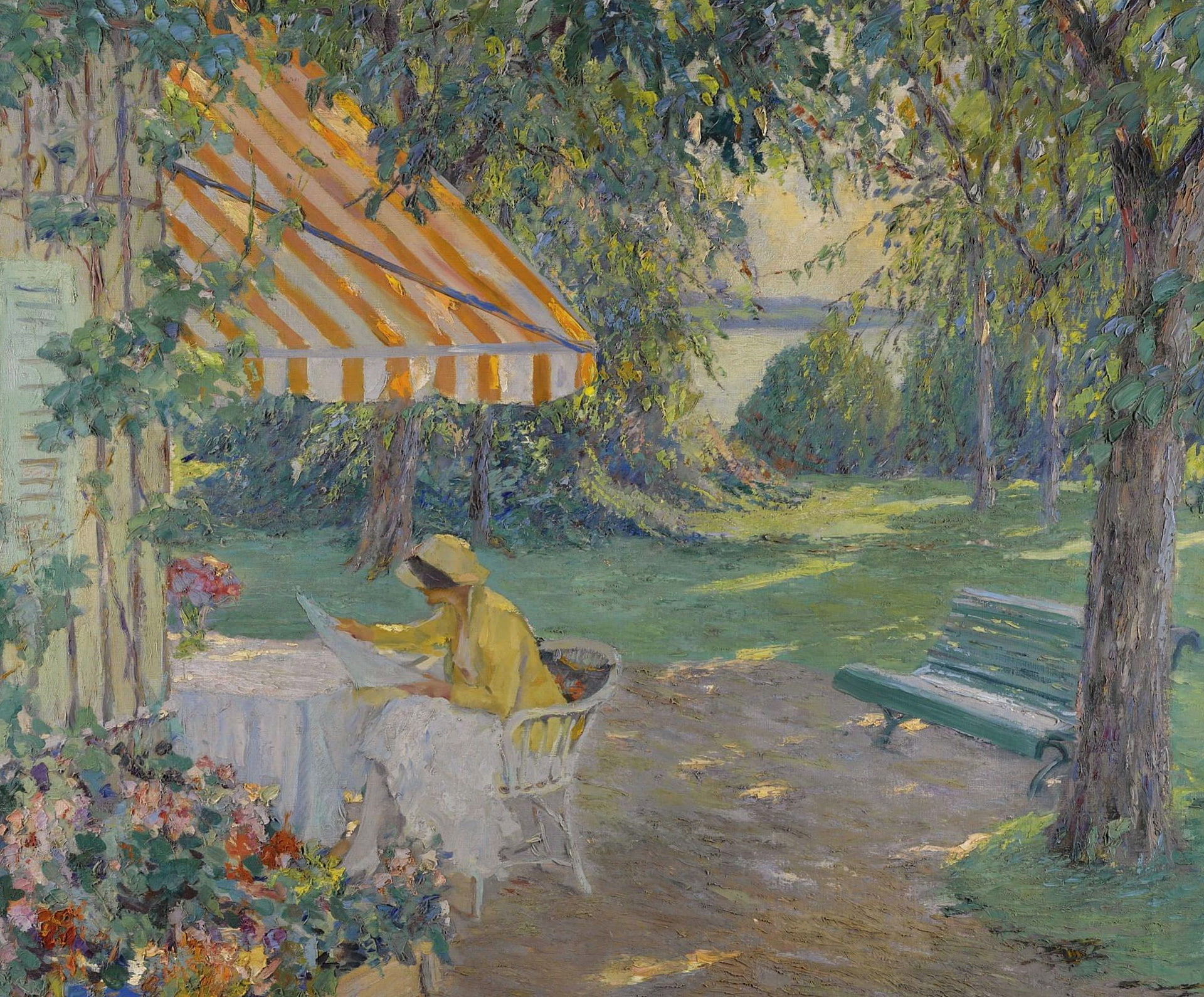 girl, Edward Cucuel, Summer on Lake Starnberg, picture, bench, 1080P, HD Wallpaper