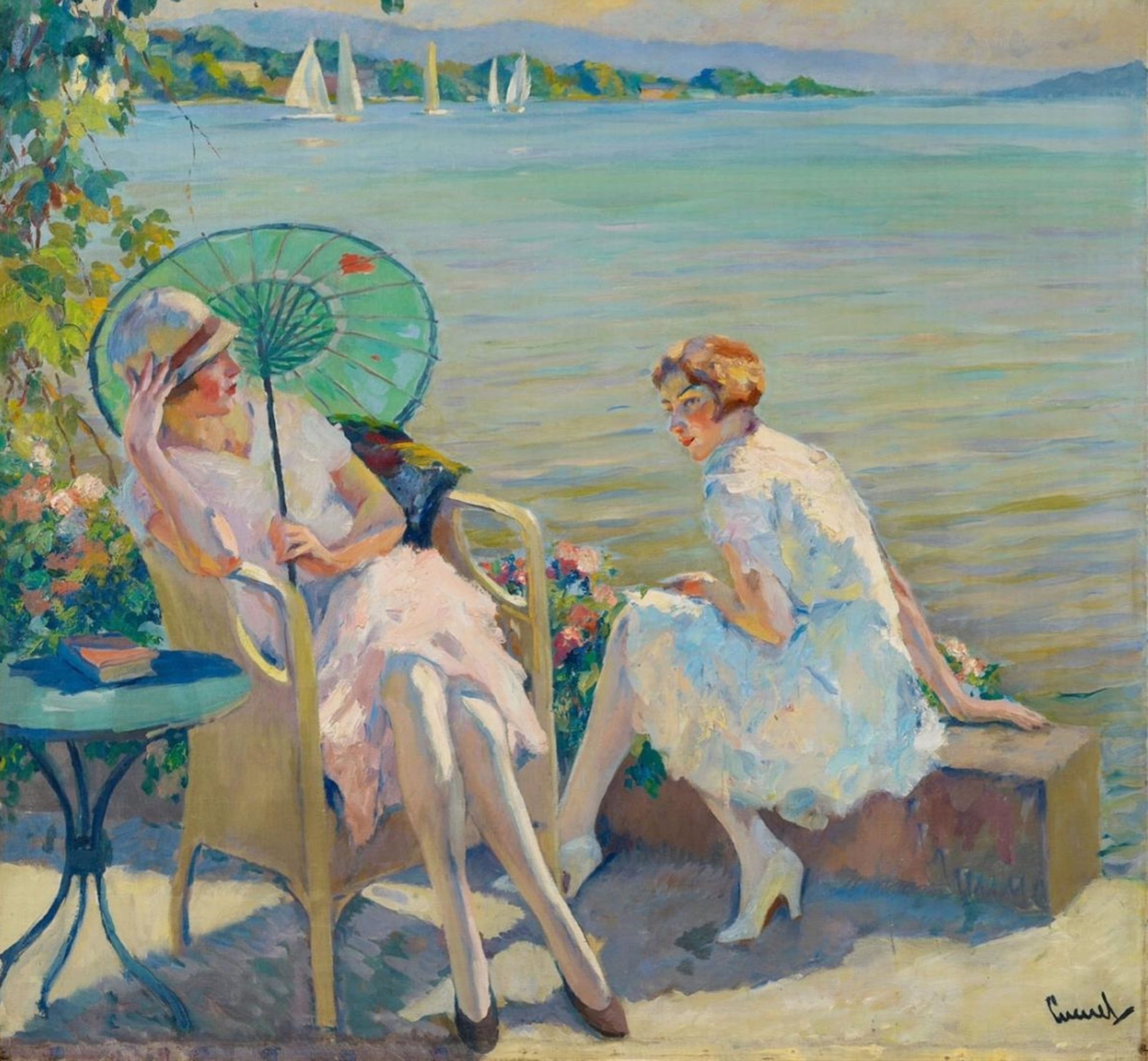 woman, edward cucuel, paintings, sitting, art and craft, lake, people, water, art, Summer day, nature, two people, representation, day, painting, summer, HD Wallpaper