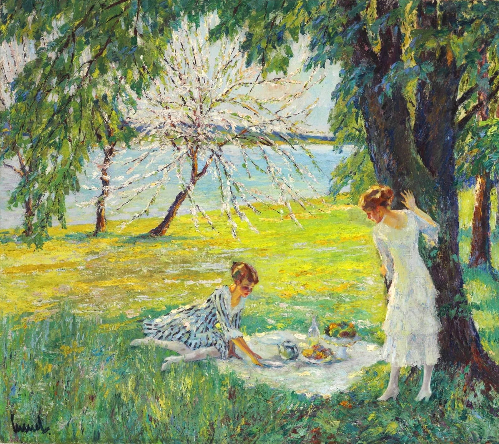 outdoors, nature, art, edward cucuel, mammal, plant, no people, animal themes, girl, spring, two animals, tree trunk, water, The picnic, pictura, trunk, HD Wallpaper