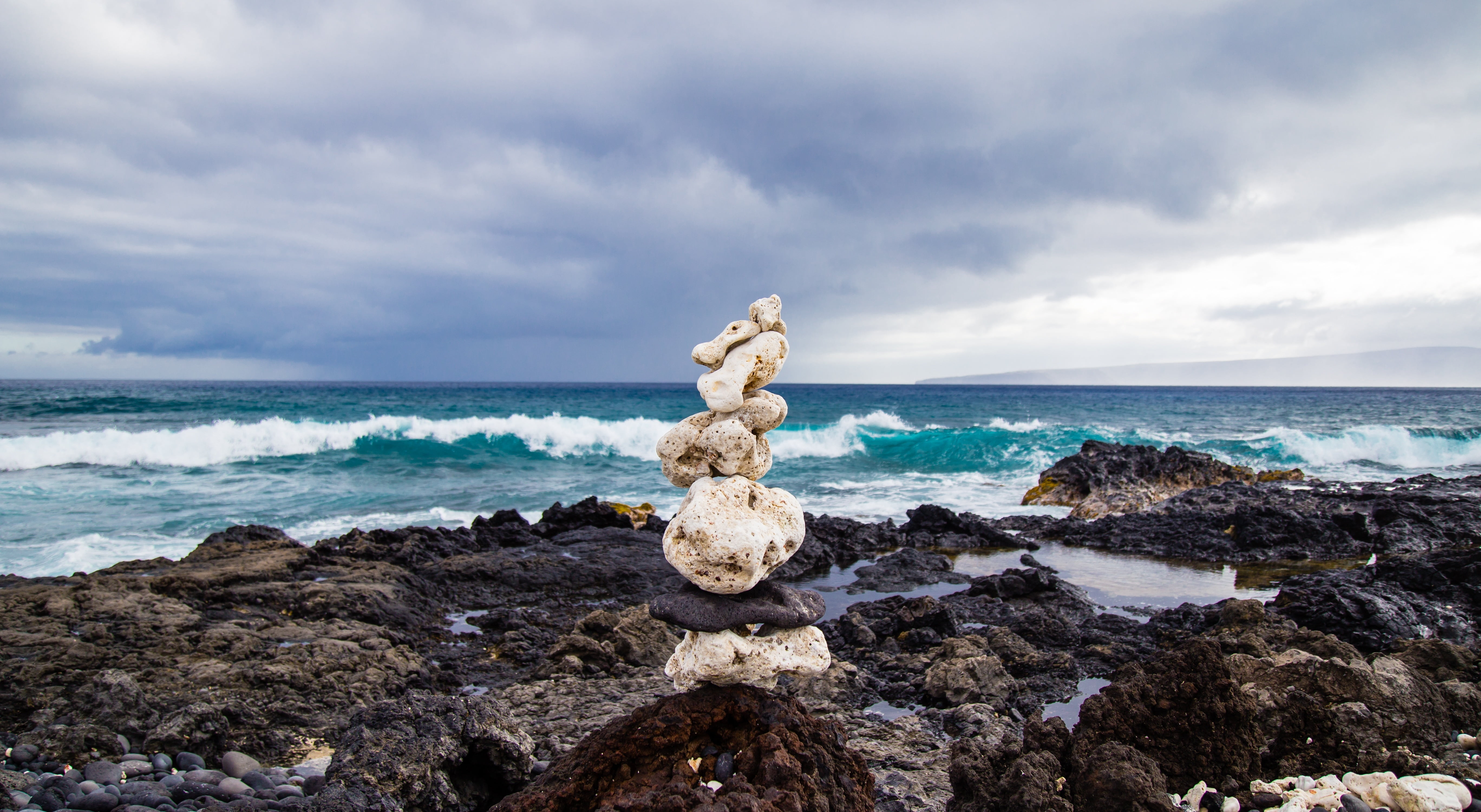 zen-like, land, waters Edge, horizon Over Water, stone - Object, motion, beauty In Nature, beach, ideas, stones, scenics, wave, outdoors, no People, non-urban scene, HD Wallpaper