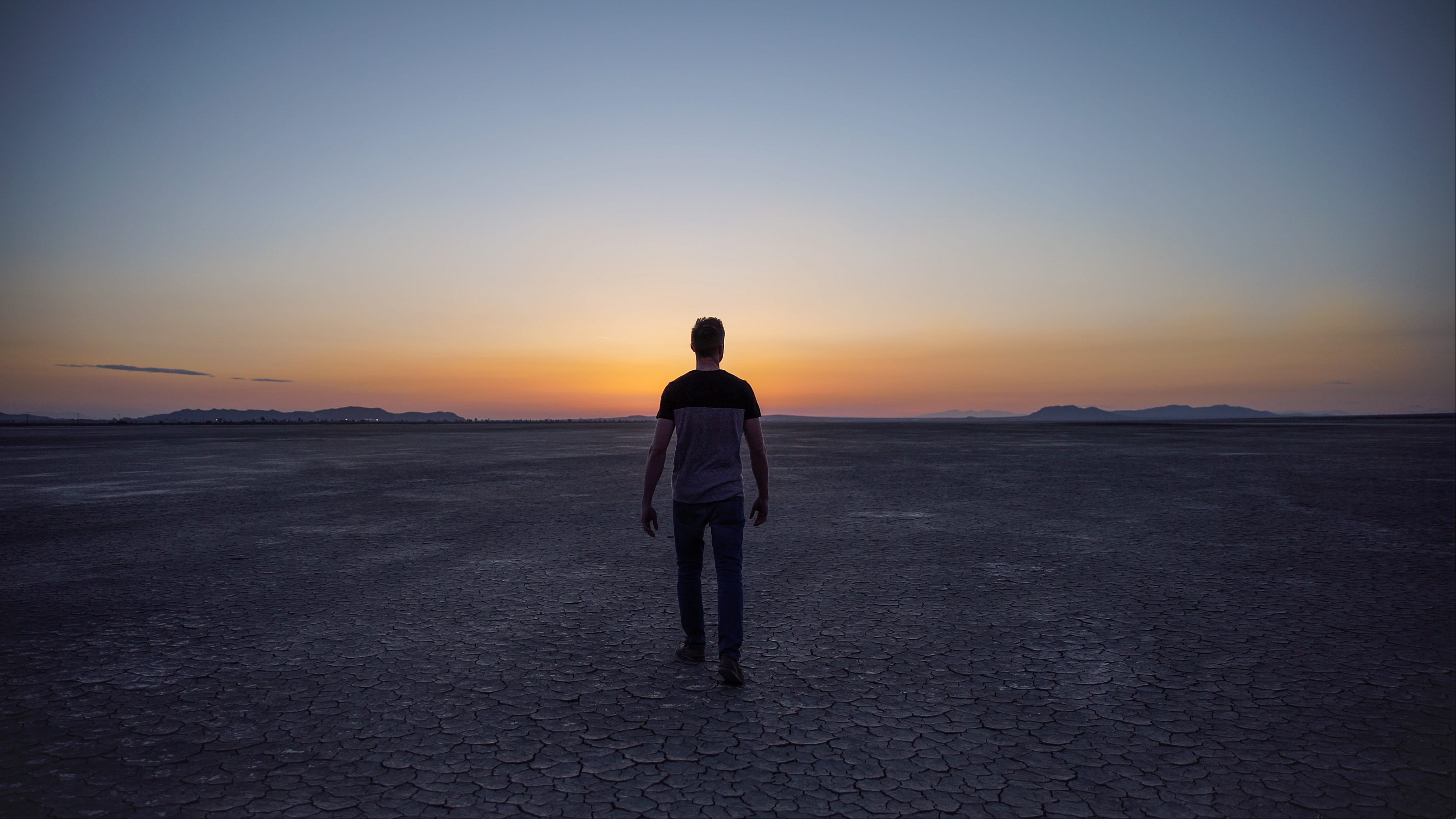 person, sunset, deserted, outdoors, environment, rear view, one Person, copy Space, guy, tranquil scene, horizon, contemplation, tranquility, lifestyles, HD Wallpaper