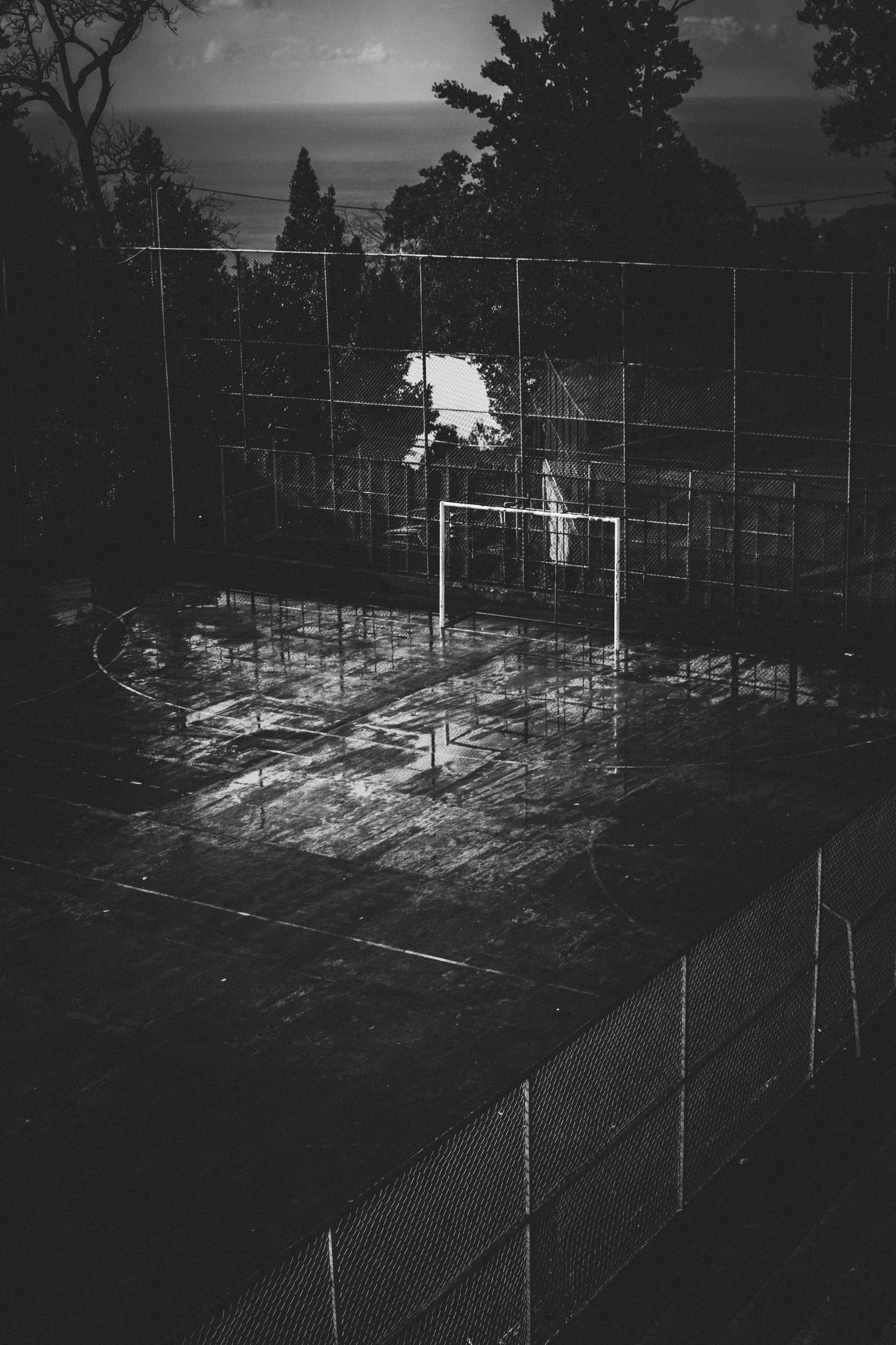 no people, madeira, goal, team sport, trees, plant, sky, empty, fence, ronaldo, sport, soccer, 5K, sports, boundary, portugal, rain, barrier, tree, playing field, Phone HD Wallpaper
