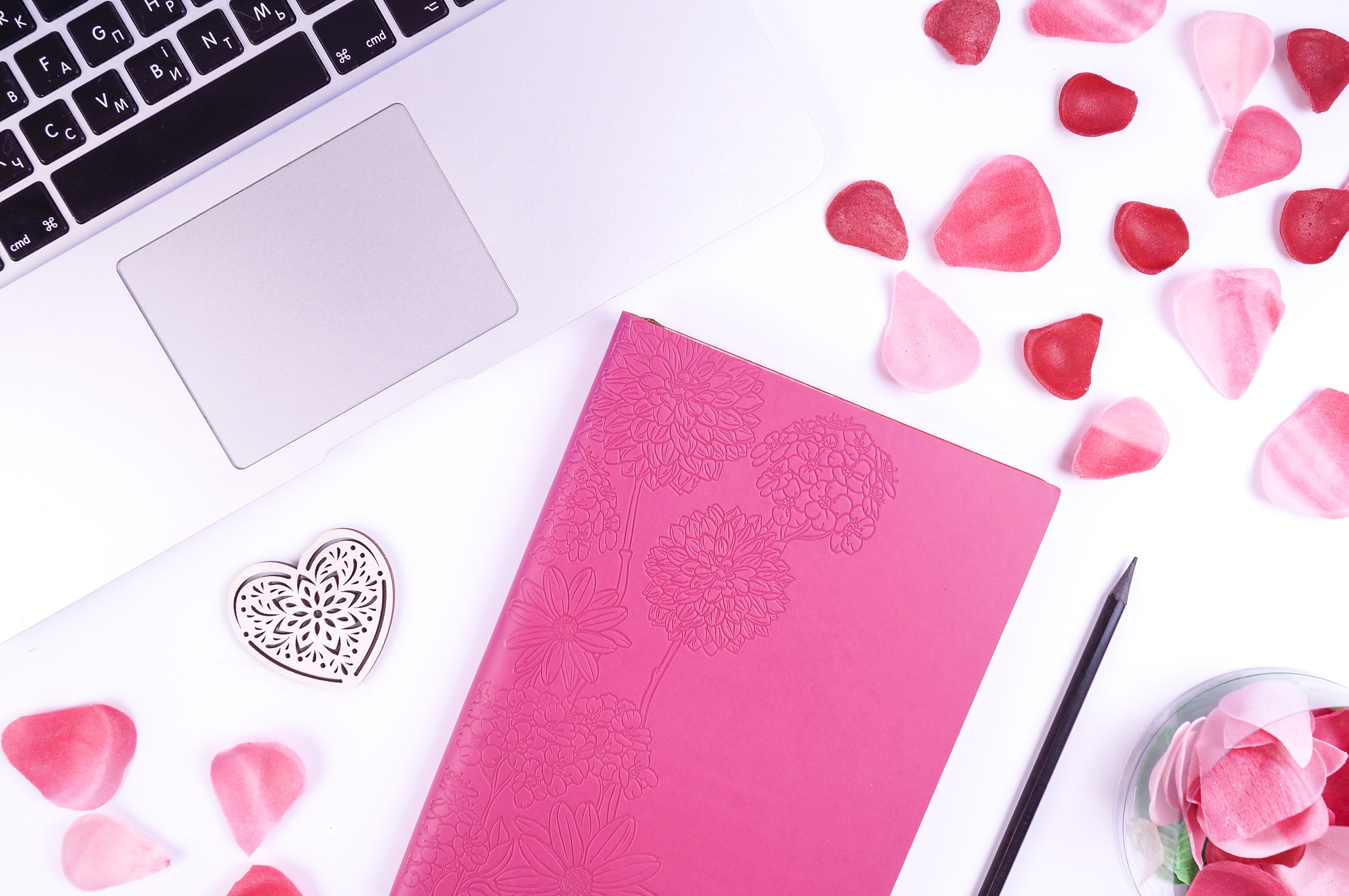 still life, flower, pink, valentines day, love, table, technology, business, romance, pink color, wireless technology, computer, high angle view, pencil, HD Wallpaper