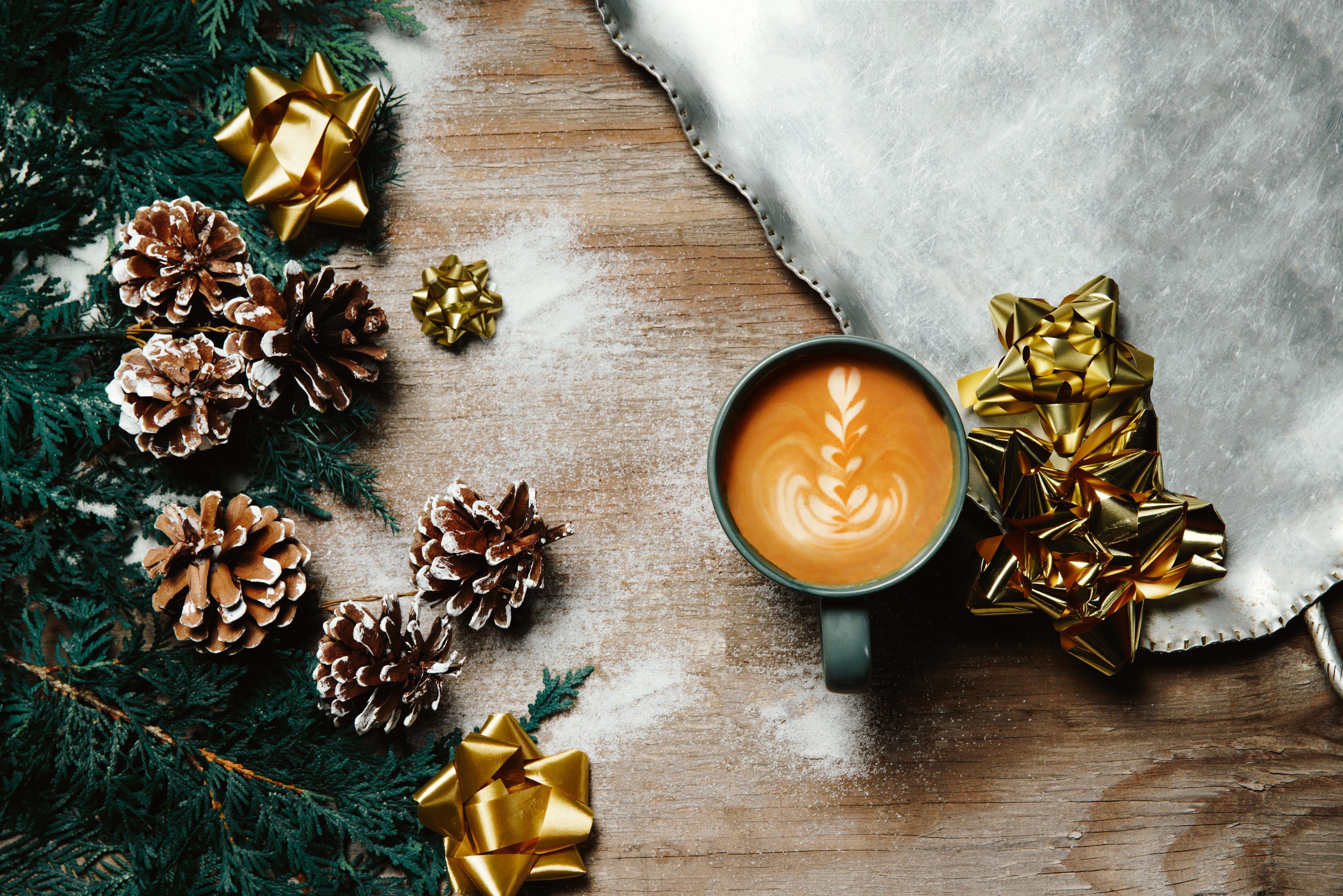 warm, drink, refreshment, Coffee, Flatlay, christmas decoration, high angle view, directly above, Drinks, decor, cup, no people, holiday, wood - material, HD Wallpaper