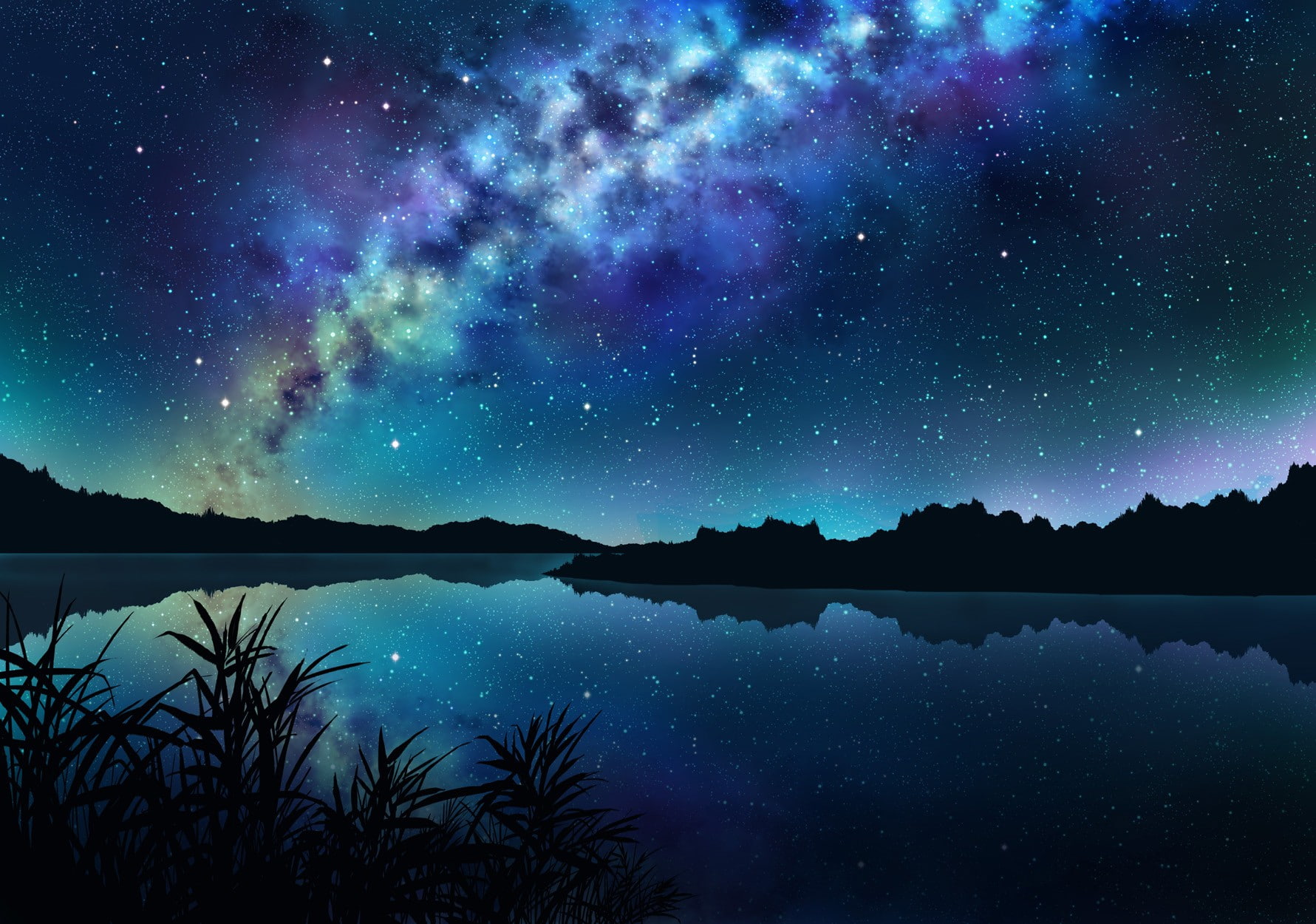 night, dark, landscape, Nobody, water, sky, grass, stars, 720P, trees, reflection, HD Wallpaper