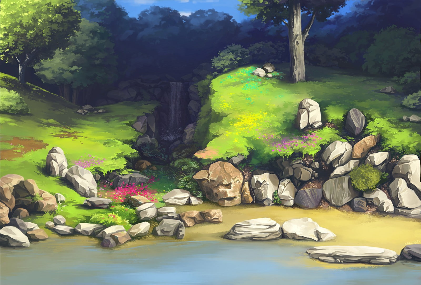 Nobody, artwork, digital art, trees, waterfall, 720P, water, grass, HD Wallpaper